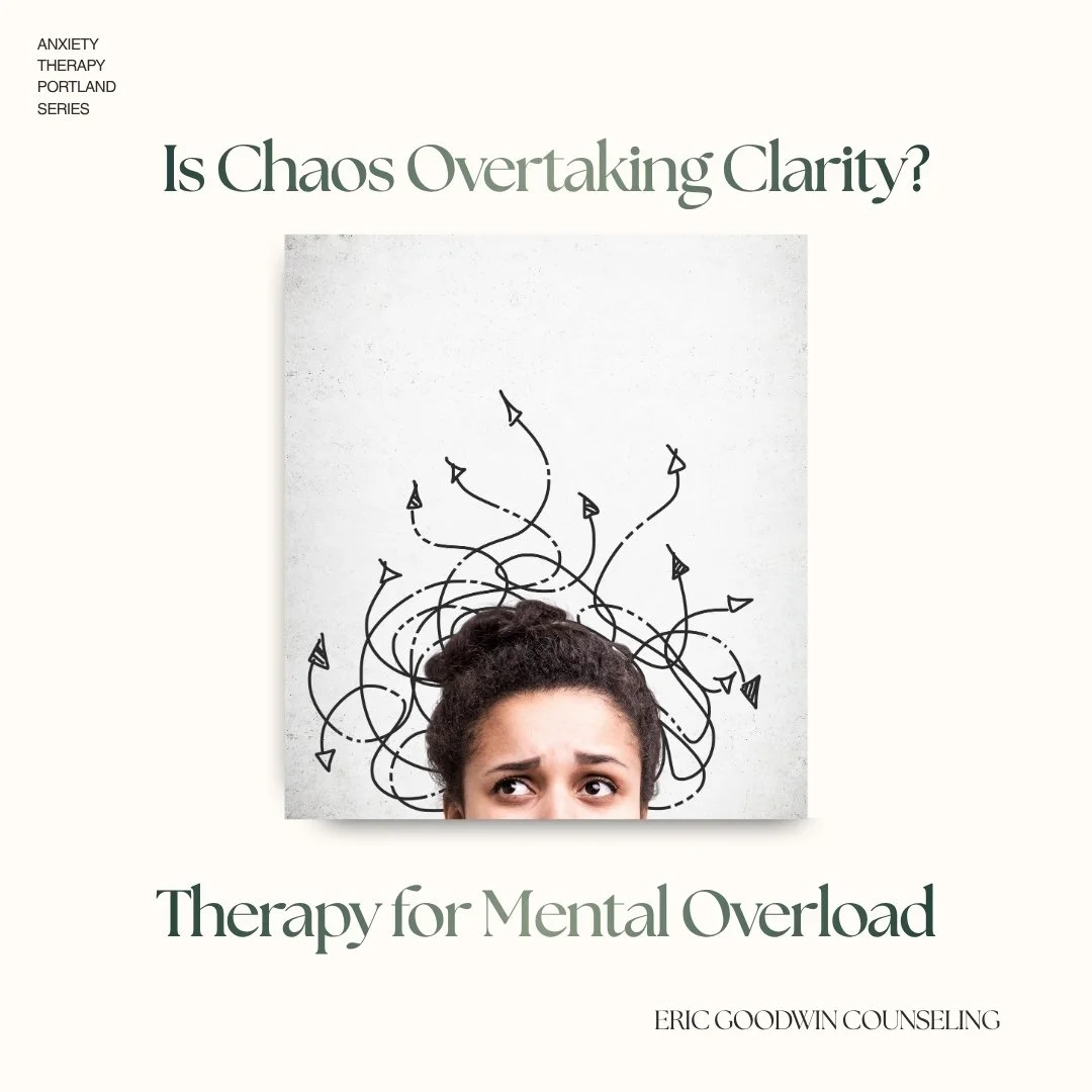 Illustration of a confused woman looking up at tangled arrows above her head, representing mental chaos before anxiety therapy in Portland.