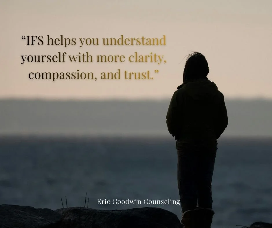 Silhouette of a person standing by the water with quote about IFS therapy in Portland, clarity, compassion, and trust