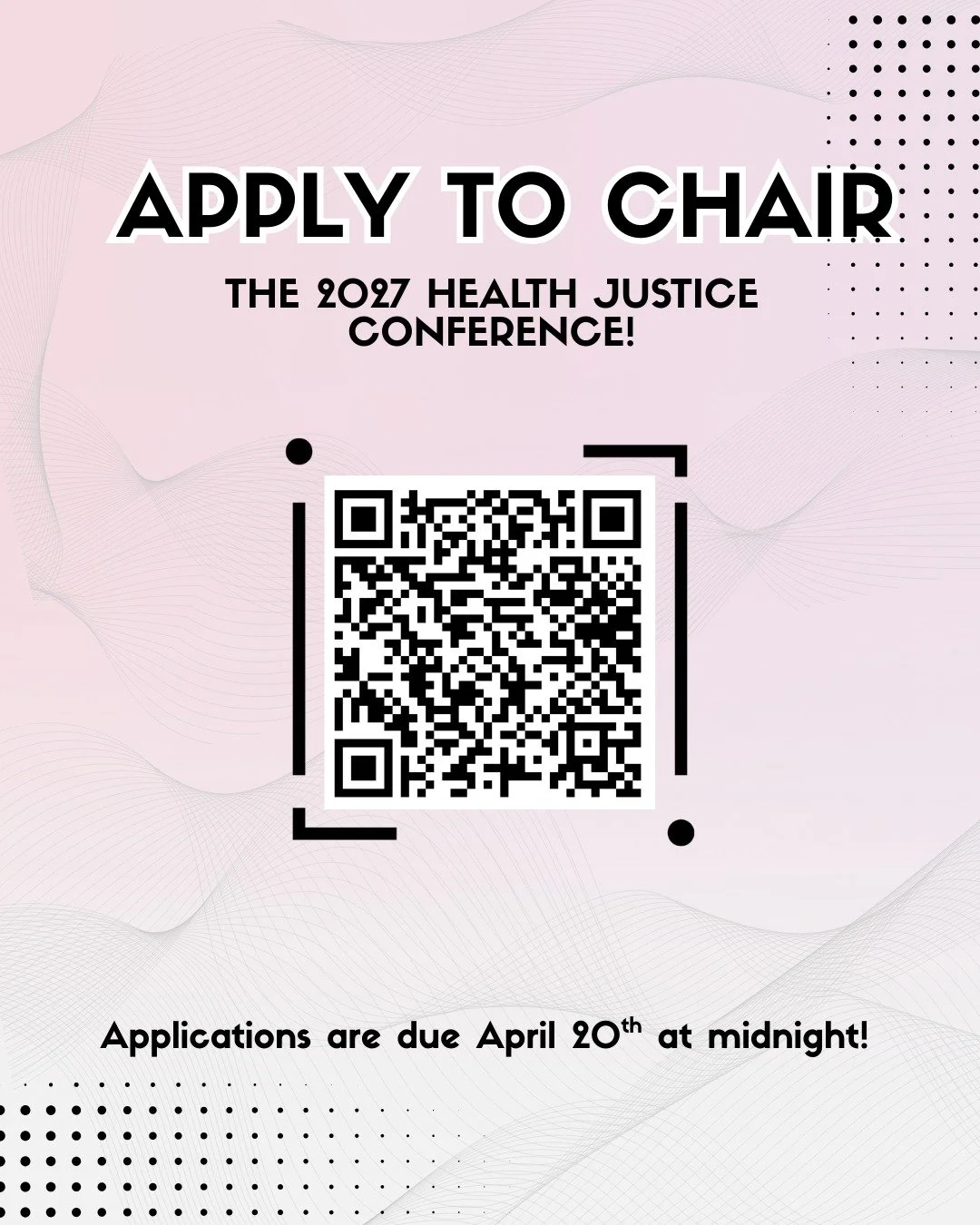 Interested in being a Chair for the 2027 Health Justice Conference? Fill out an application by April 20th at midnight! Swipe to see our 2026 Chairs! 

https://docs.google.com/forms/d/e/1FAIpQLSe1OpYWc9Bs6iunoKWDtRjn7jr1BVYY6xlDql-NlI1ffbhe7A/viewform