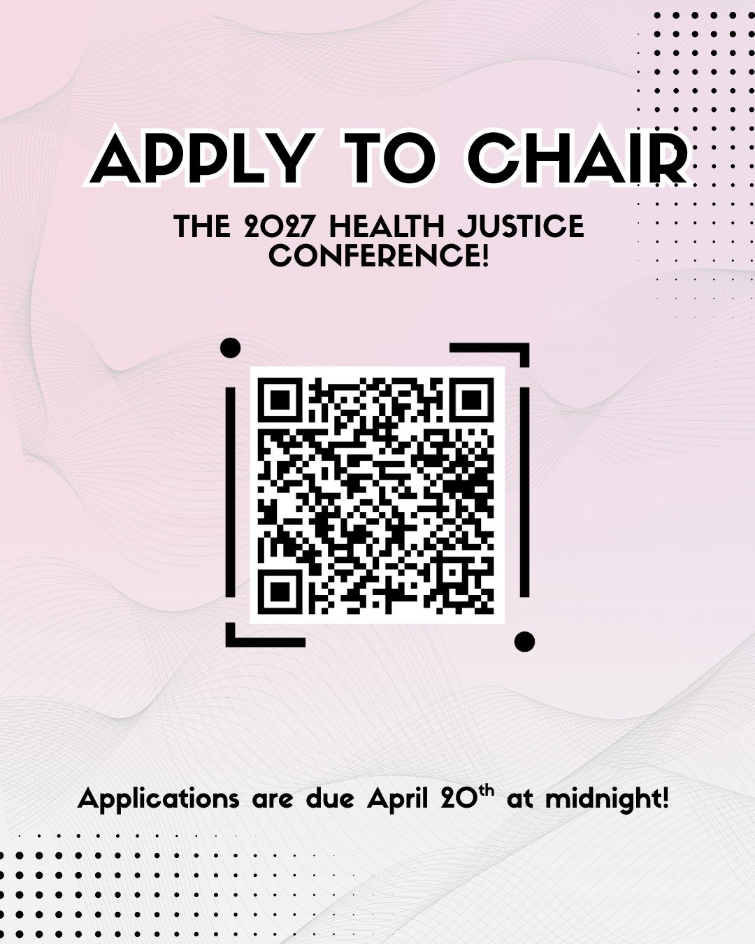 Interested in being a Chair for the 2027 Health Justice Conference? Fill out an application by April 20th at midnight! Swipe to see our 2026 Chairs! 

https://docs.google.com/forms/d/e/1FAIpQLSe1OpYWc9Bs6iunoKWDtRjn7jr1BVYY6xlDql-NlI1ffbhe7A/viewform