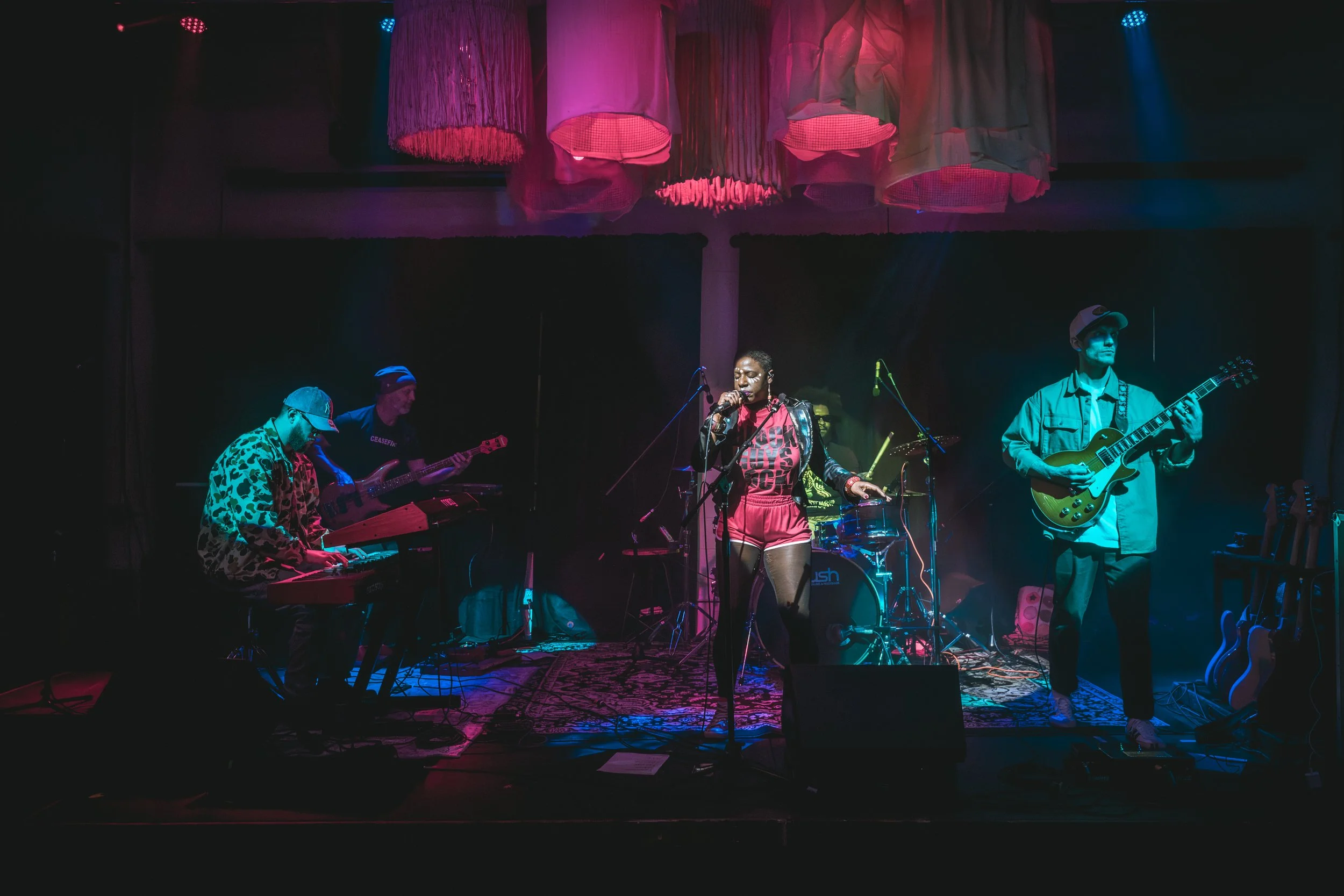 rebel noire and the accomplices. Stockroom East. March 2026. from l-r: Devin Brewer, Jason Brewer, rebel noire, Colby Becton, an Devin Vargo. credit: Mike Norris/Beta Pixels