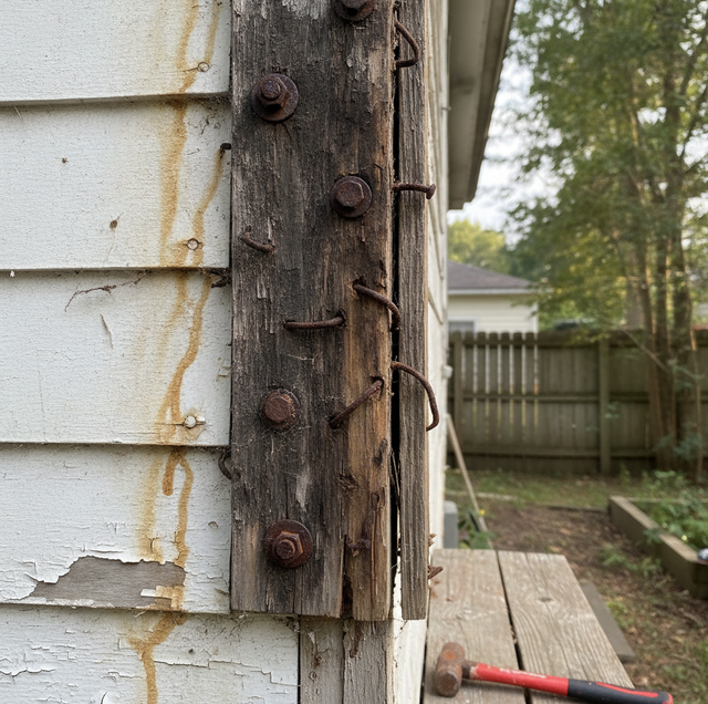 sun-bleached pressure-treated deck board with cracked ledger