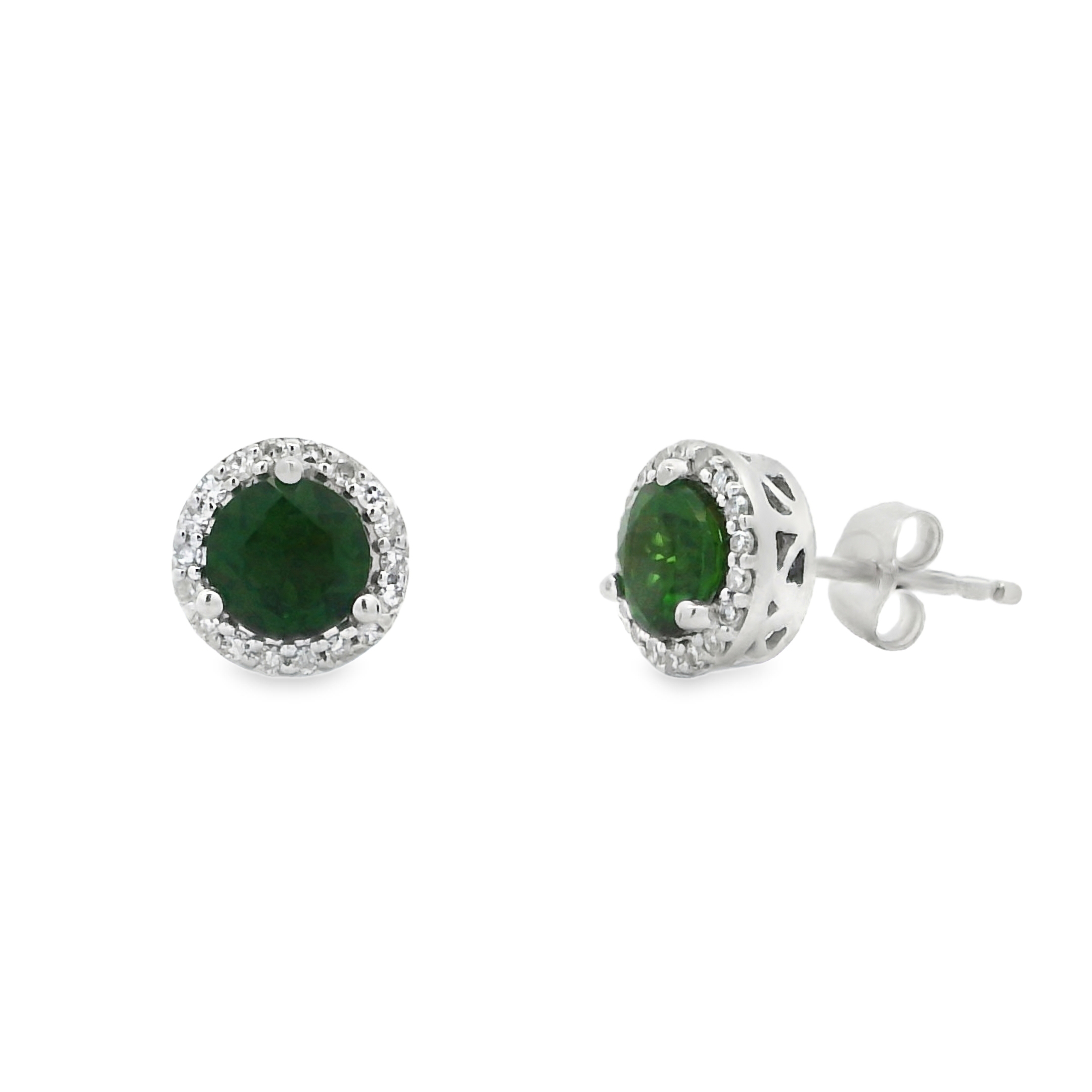 14K White Gold - Round Cut - Chrome Diopside Earrings