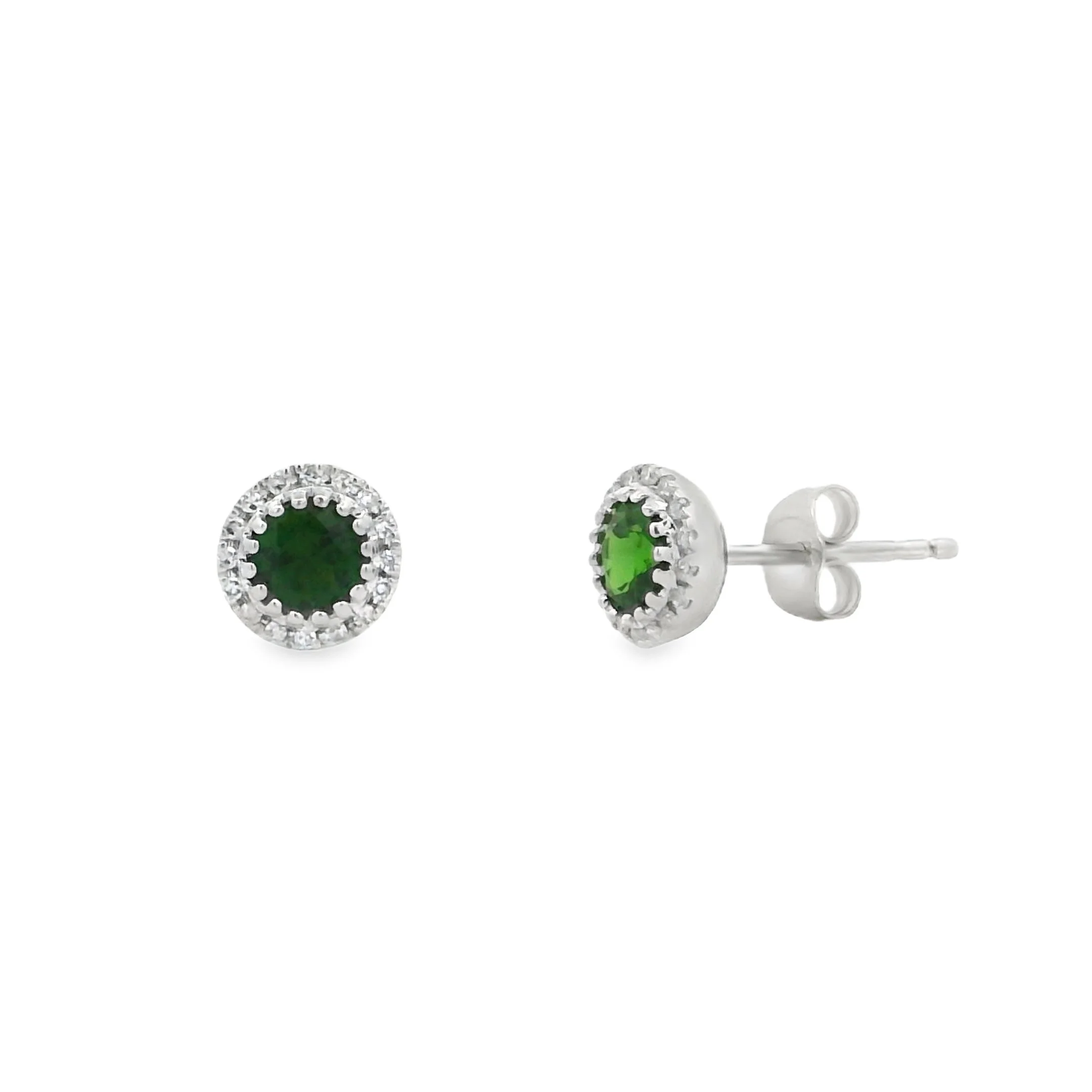 14K White Gold - Round Cut - Chrome Diopside Earring