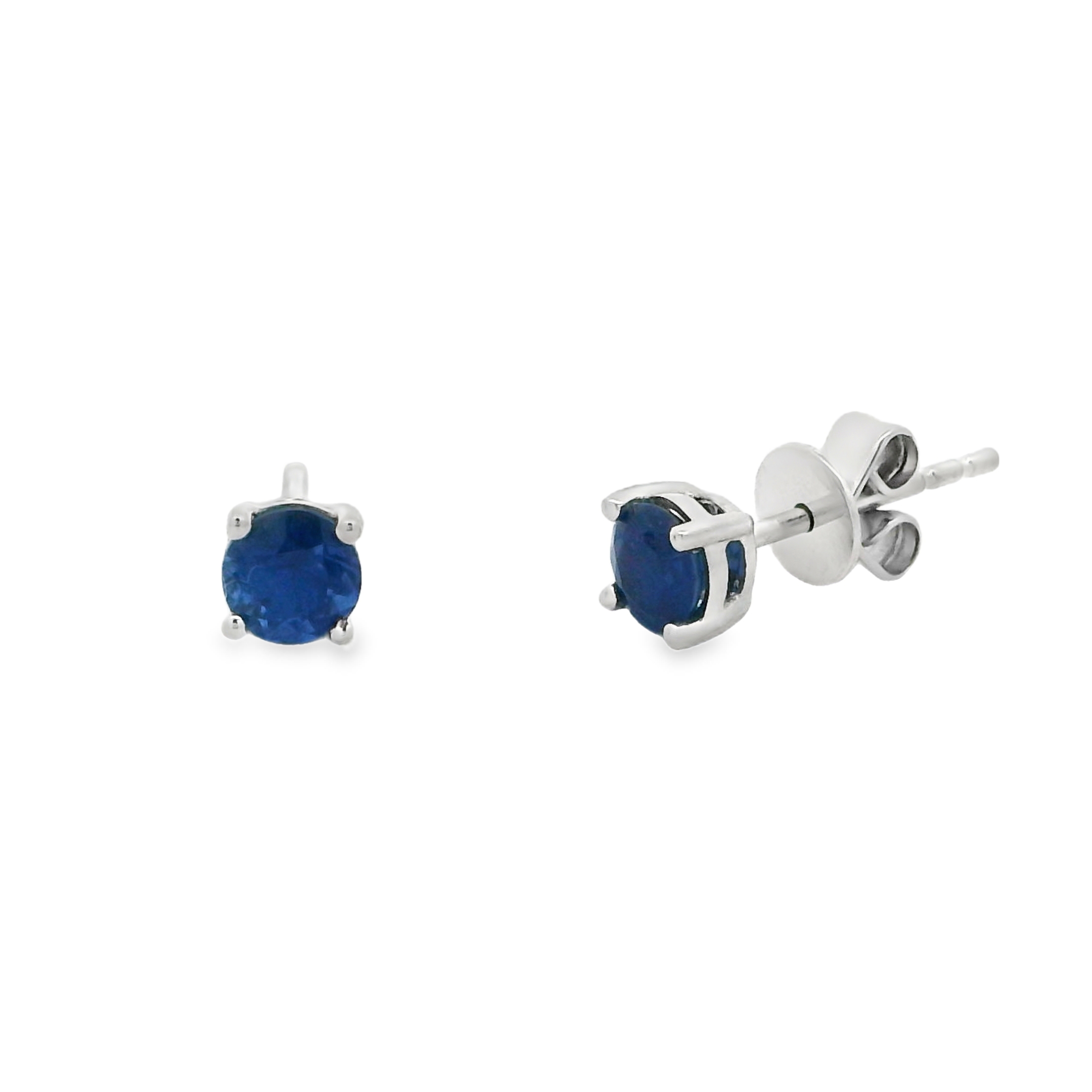 14K White Gold - Round Cut - Blue Sapphire Earring