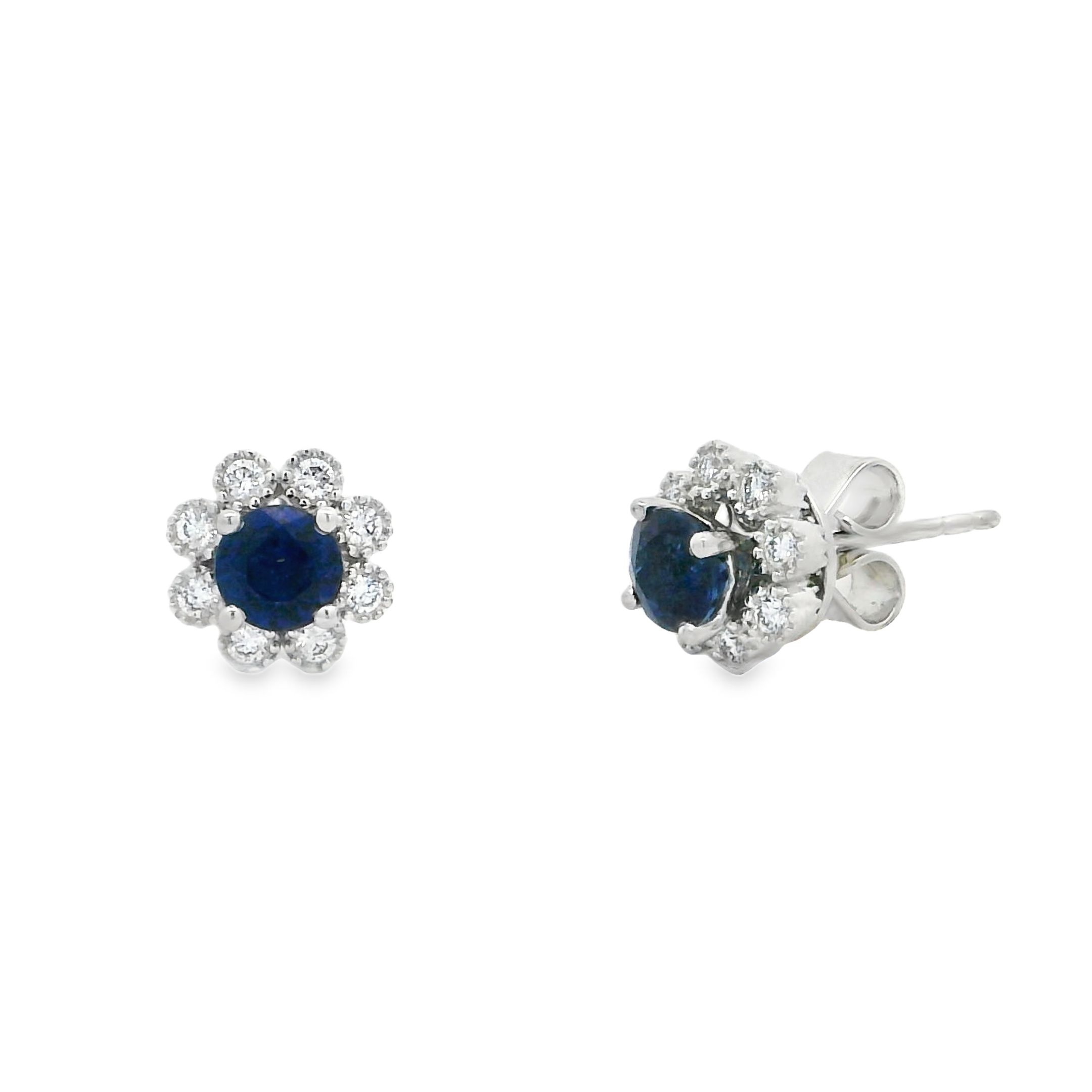 14K White Gold - Round Cut - Blue Sapphire Earrings