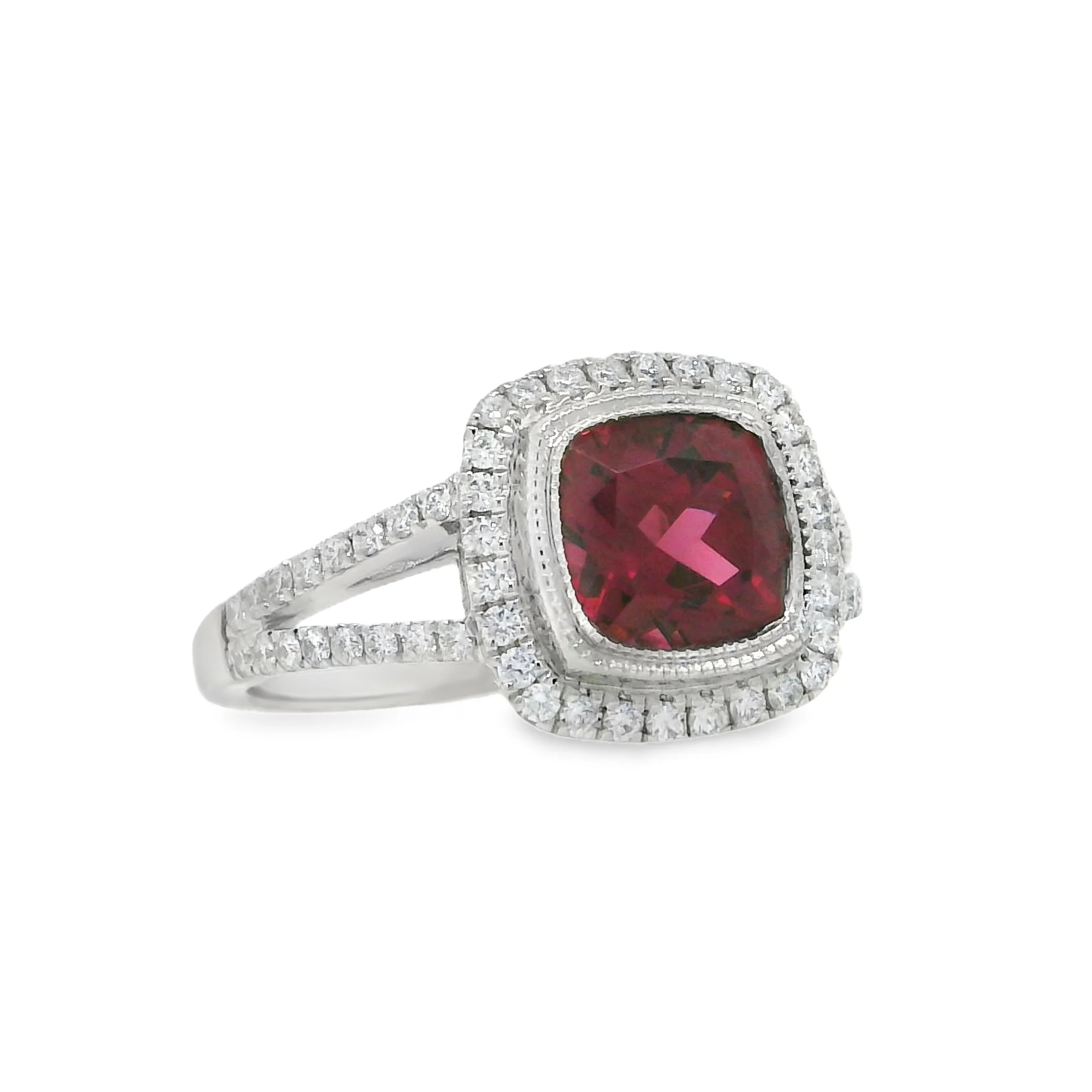 14K White Gold - Cushion Cut - Garnet Ring