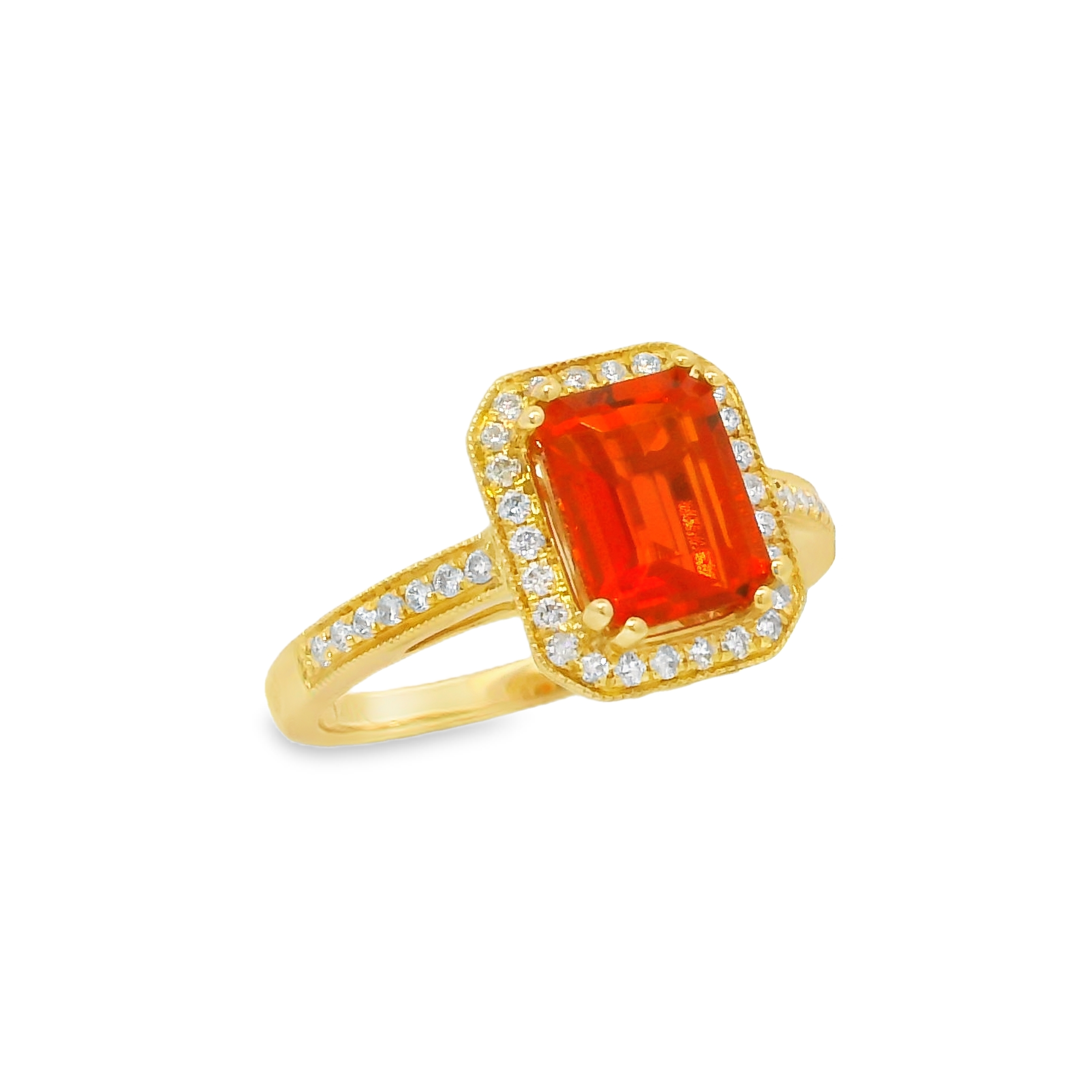 14K Yellow Gold - Emerald Cut - Mexican Fire Opal Ring