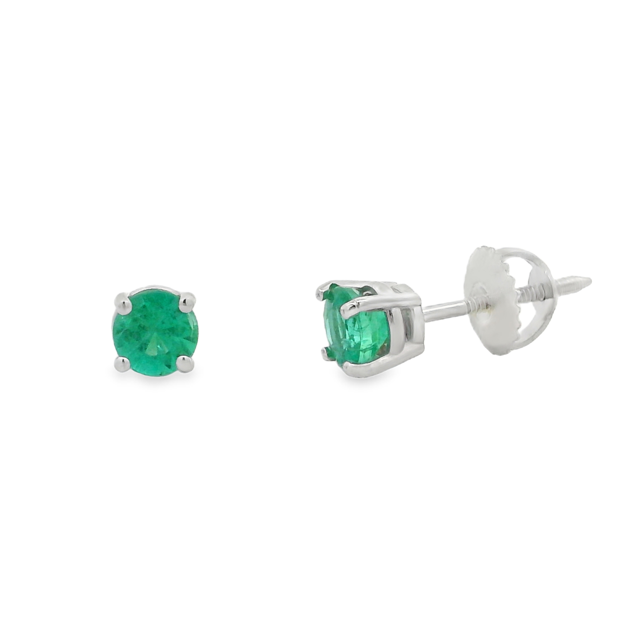 14K White Gold - Round Cut - Emerald Earrings