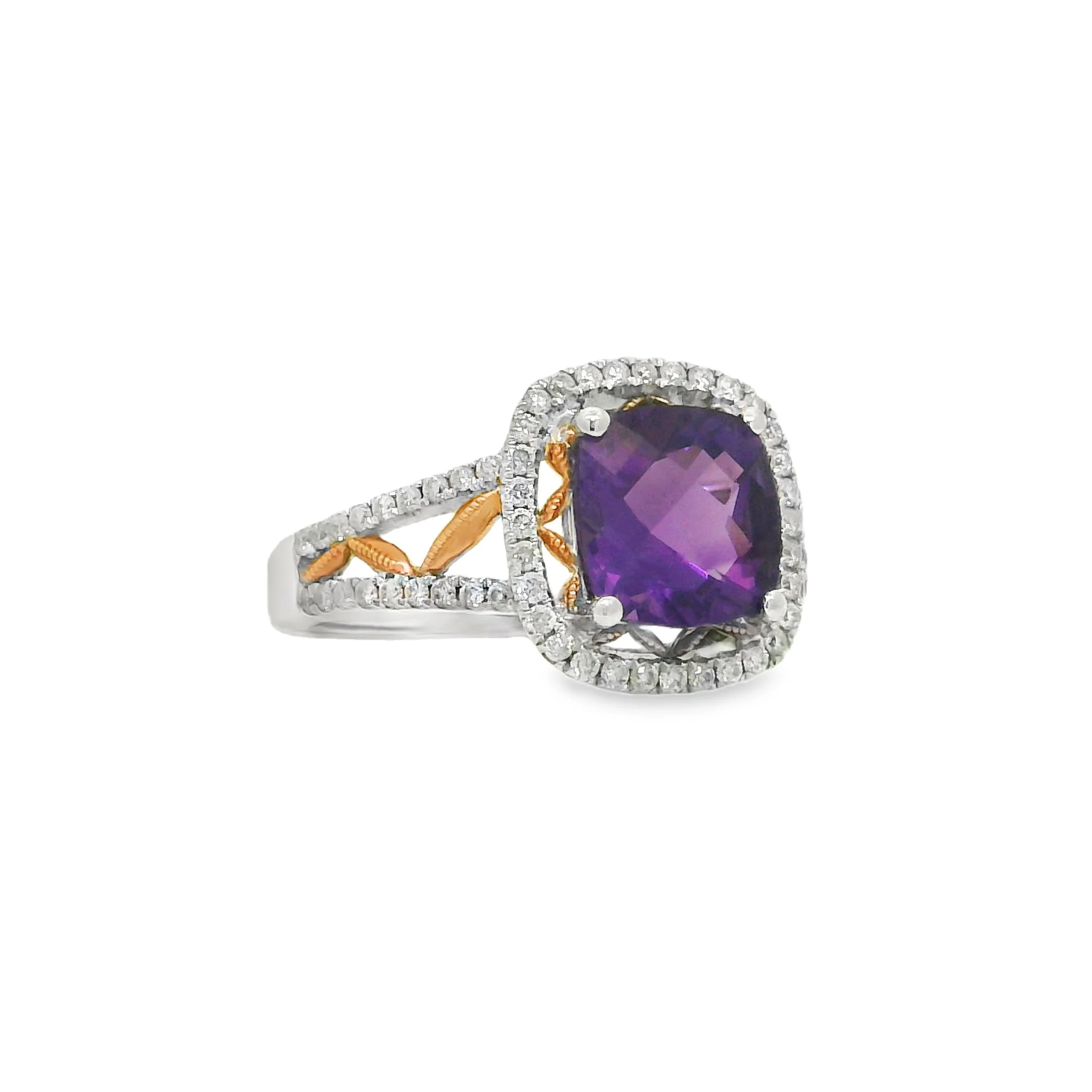 14K Rose and White Gold - Cushion Cut - Amethyst Ring