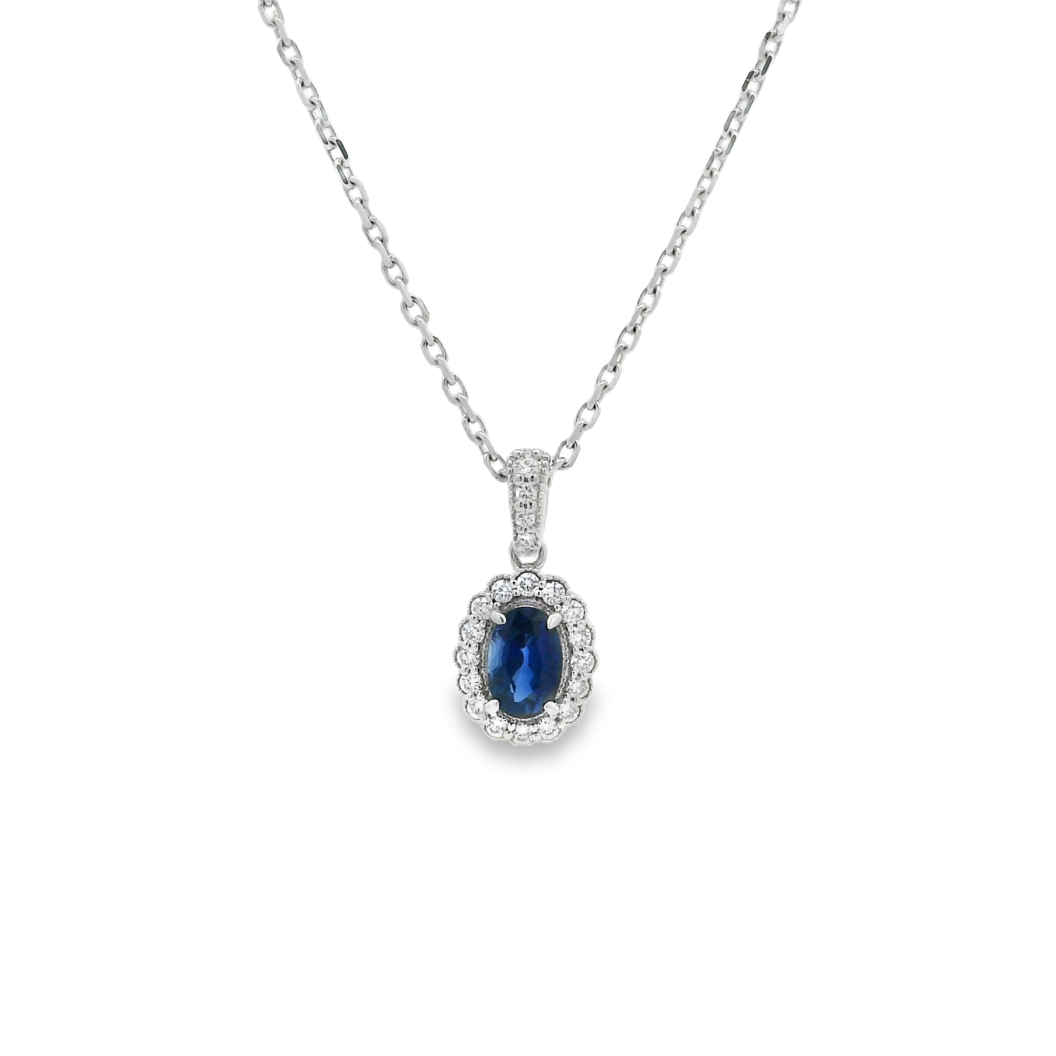 14K White Gold - Oval Cut - Blue Sapphire Necklace