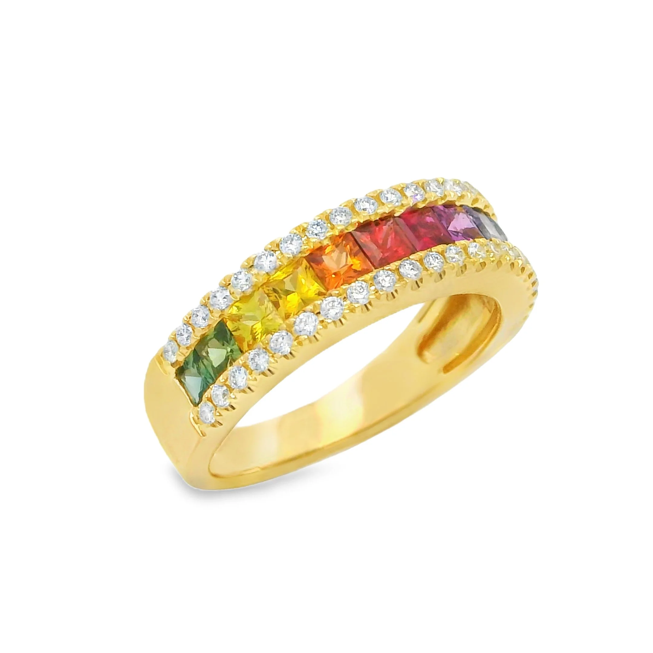 14K Yellow Gold - Square Cut - Rainbow / Multi-Color Sapphire Ring