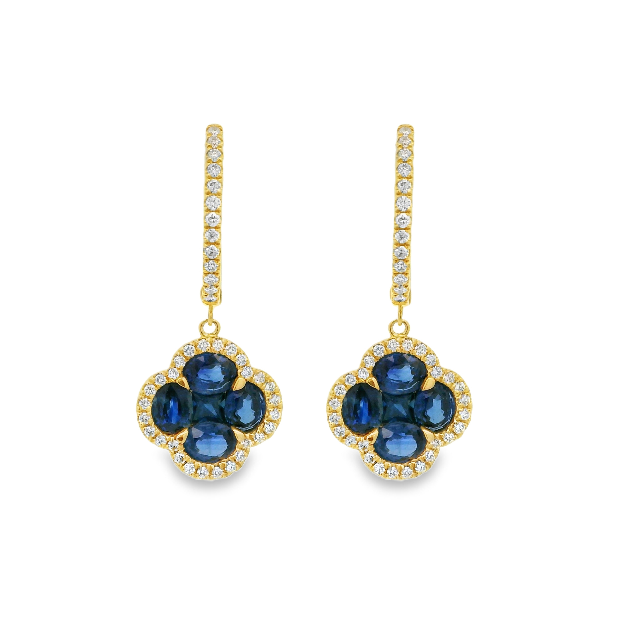 14K Yellow Gold - Round Cut - Blue Sapphire Earrings