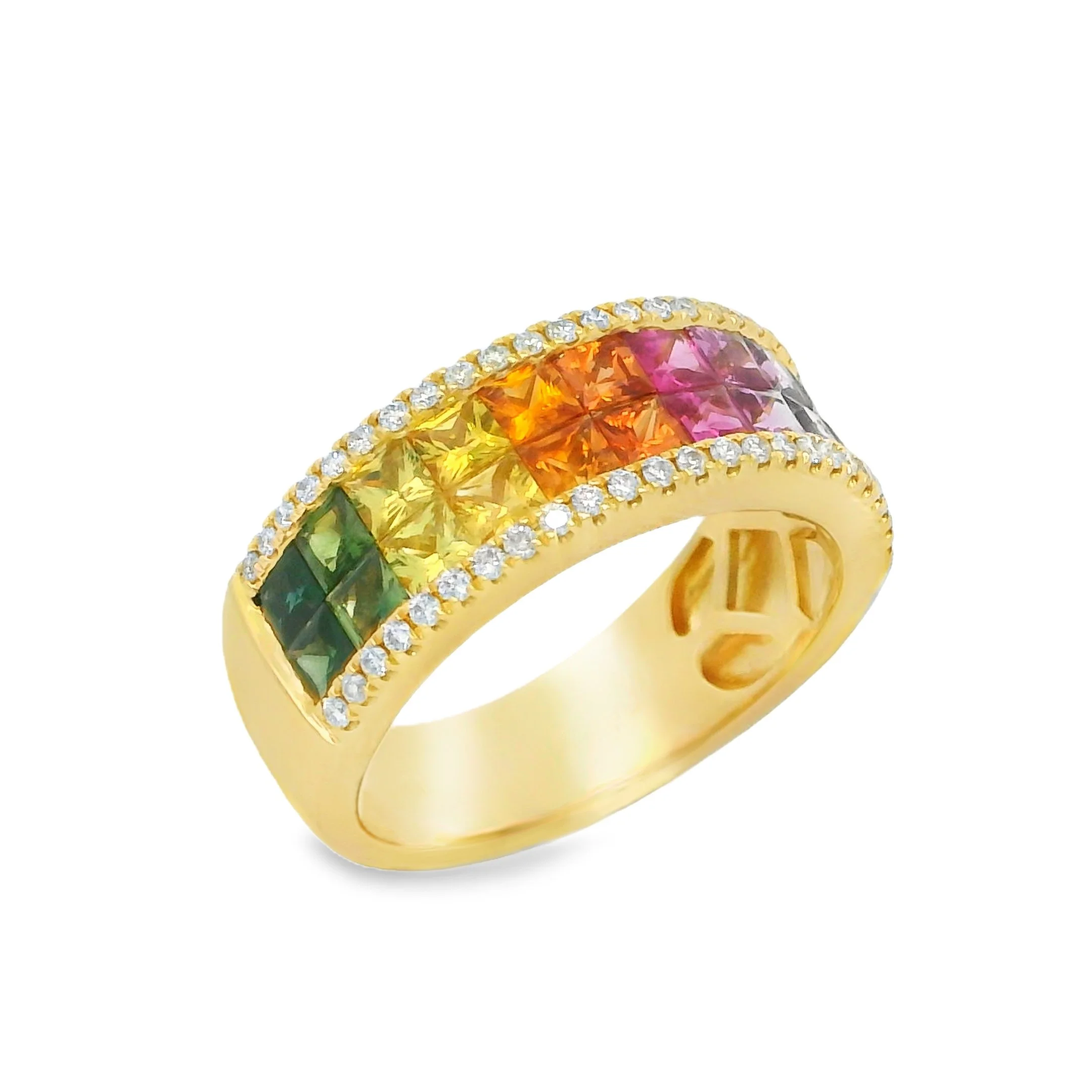 14K Yellow Gold - Square Cut - Rainbow / Multi-Color Sapphire Ring