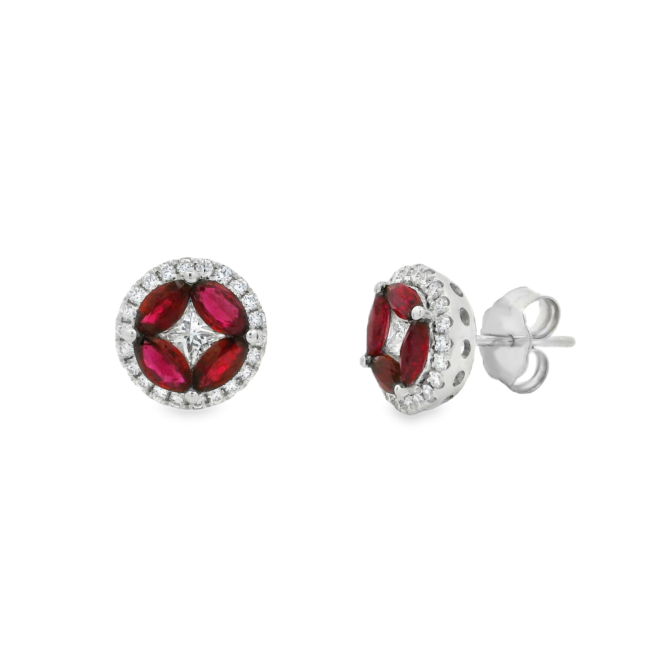 14K White Gold - Round & Marquise Cut - Ruby Earrings
