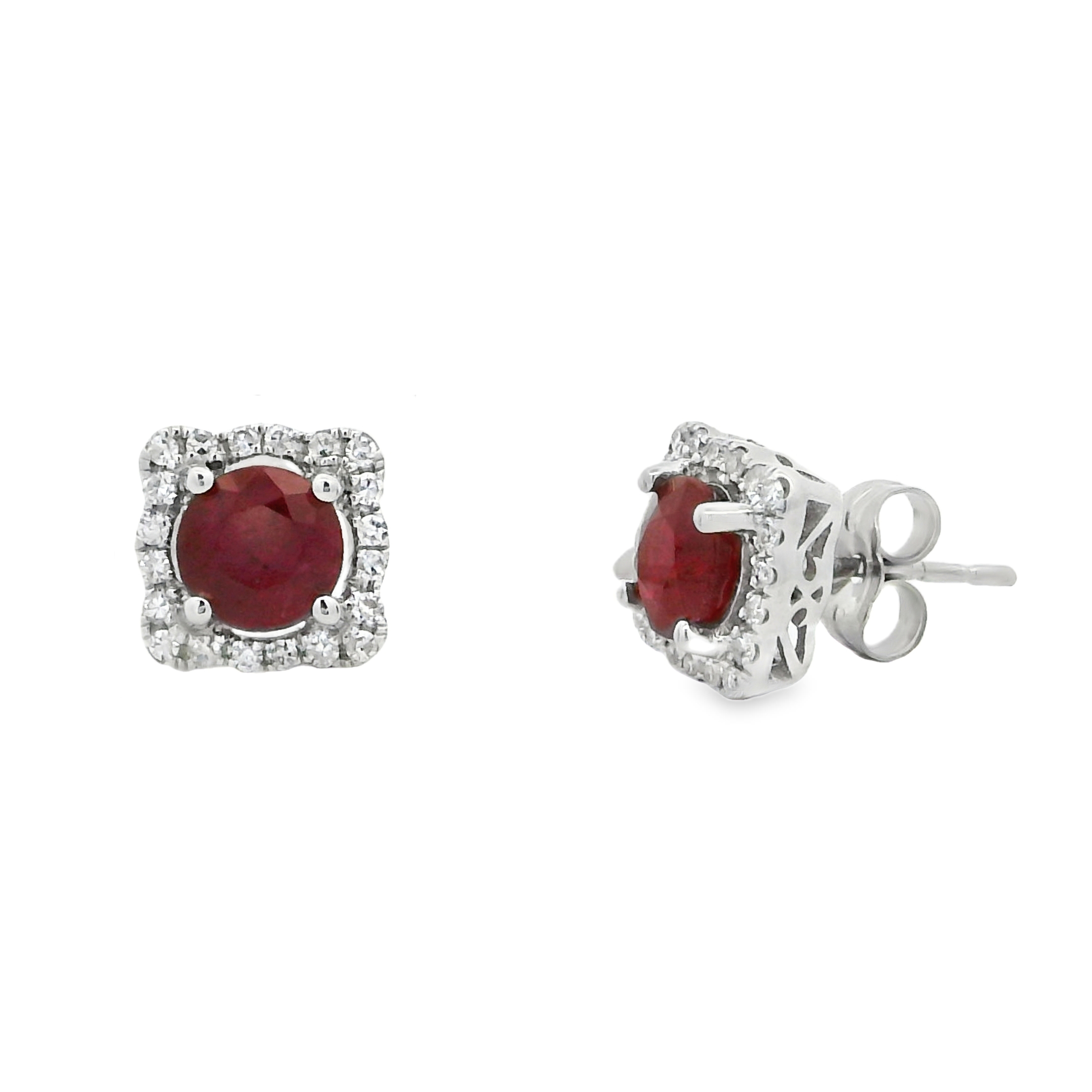 14K White Gold - Round Cut - Ruby Earrings