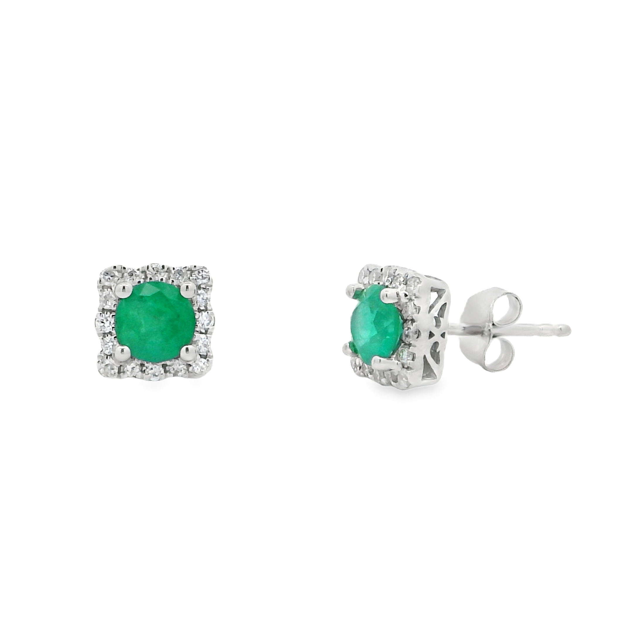 14K White Gold - Round Cut - Emerald Earrings