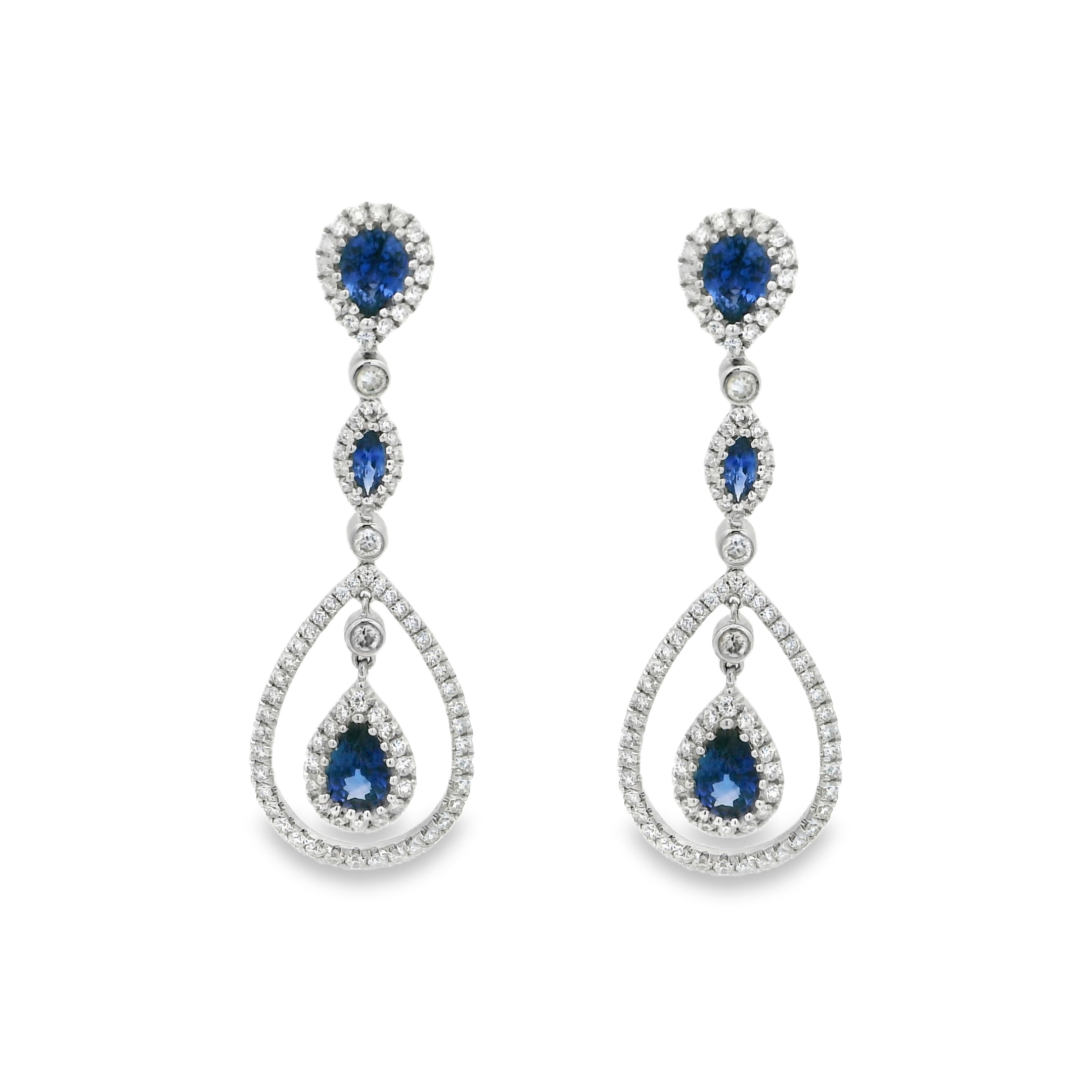 14K White Gold - Pear & Marquise Cut - Blue Sapphire Earrings