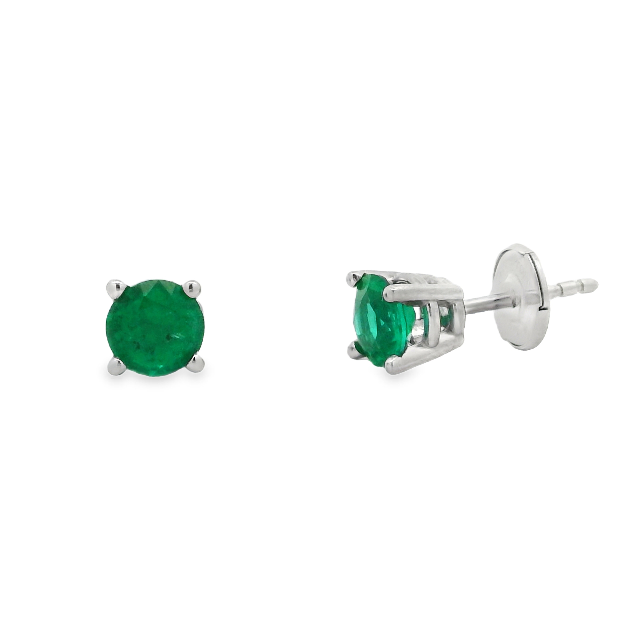 14K White Gold - Round Cut - Emerald Earrings