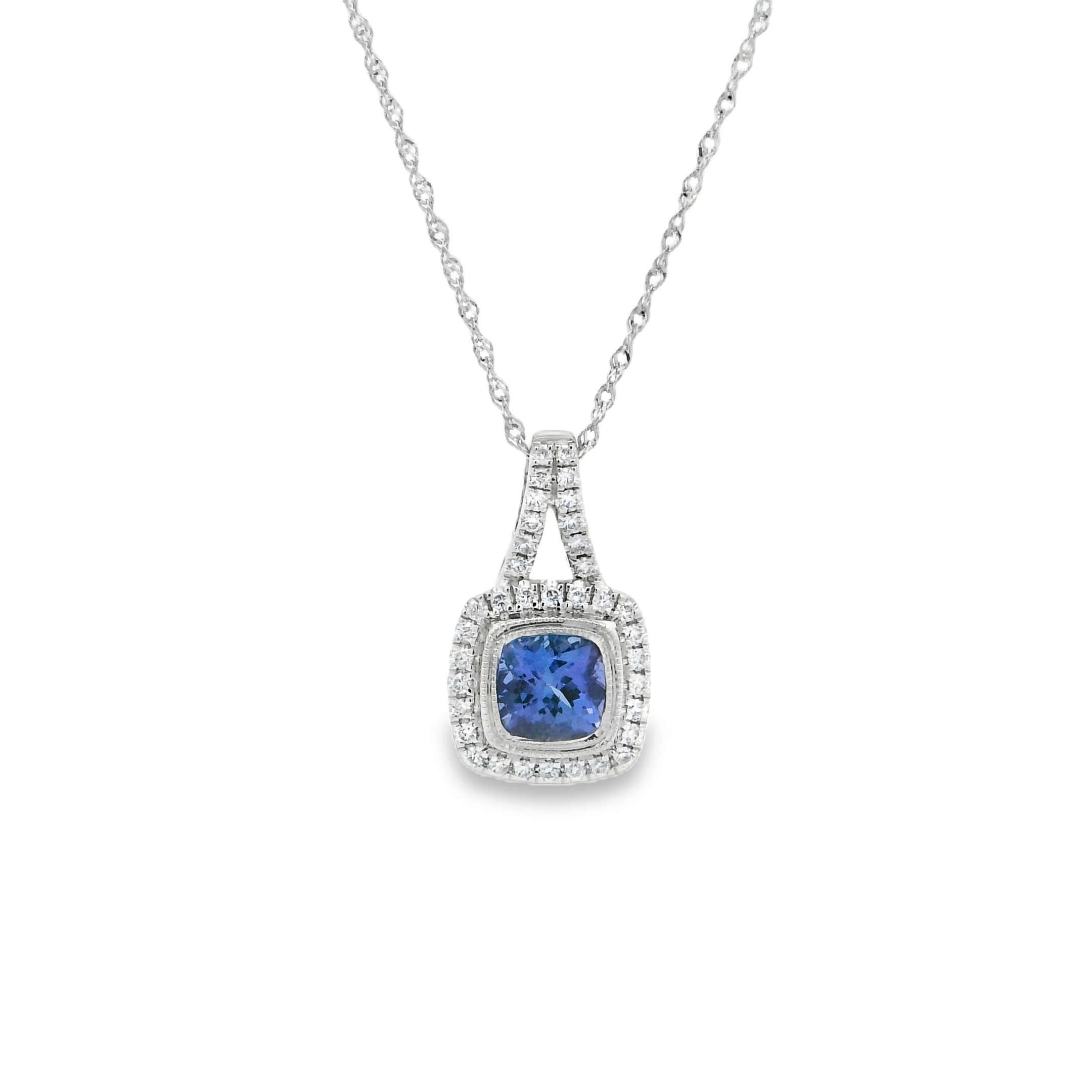 14K White Gold - Cushion Cut - Tanzanite Necklace