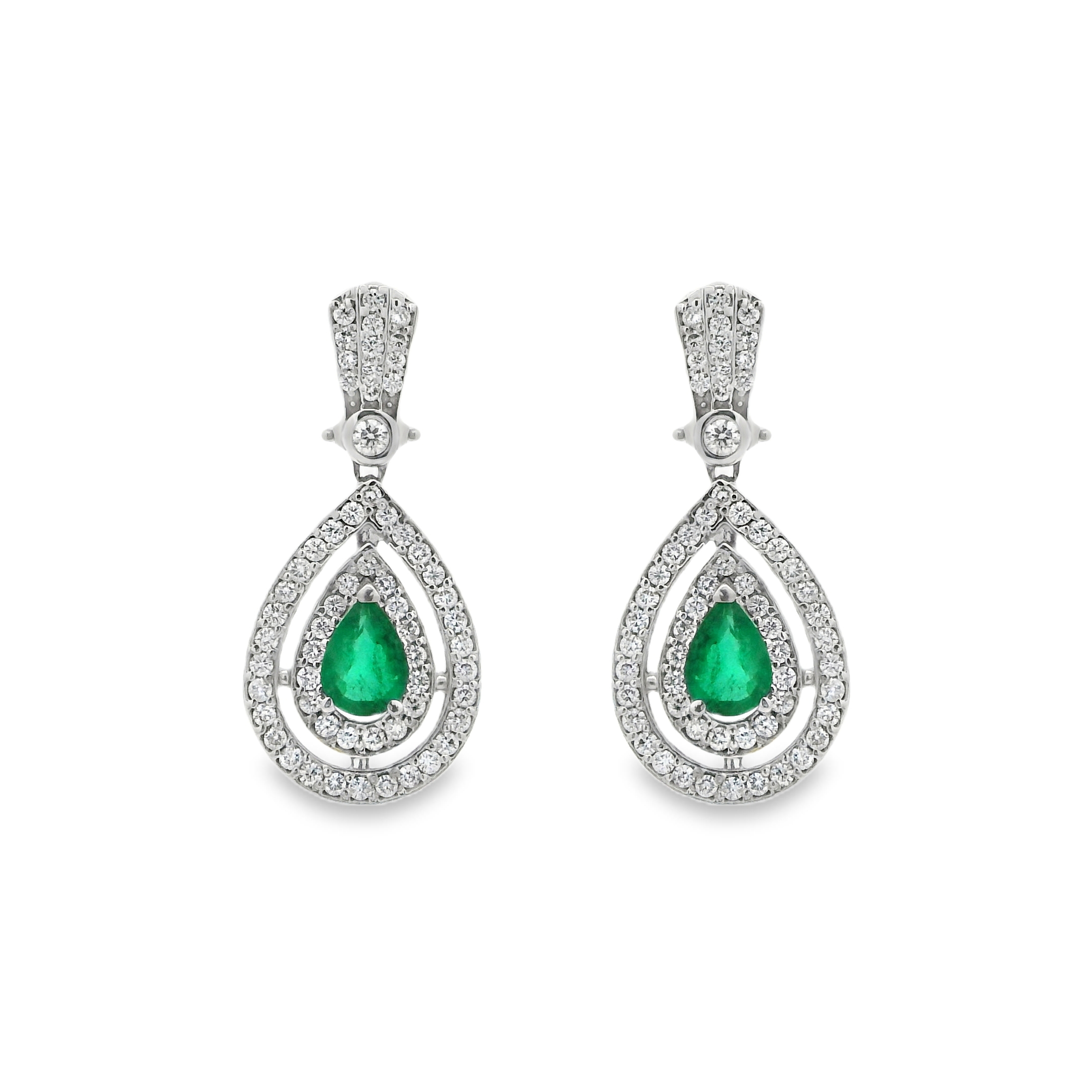 14K White Gold - Pear Cut - Emerald Earrings