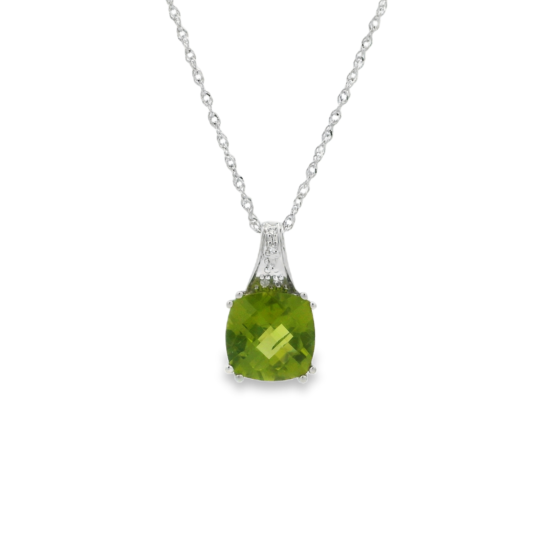 14K White Gold - Cushion Cut - Peridot Necklace