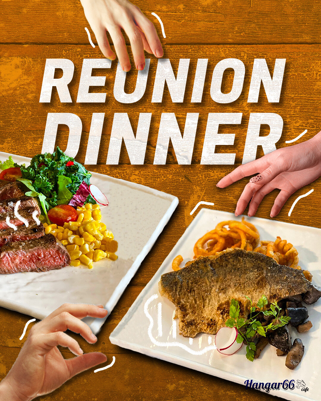 Bring your loved ones together and head over to Hangar66Cafe for a memorable reunion lunch or dinner!

To satisfy every palate, our menu offers a wide selection of main dishes, light nibbles, and delightful desserts. There is something for everyone, 