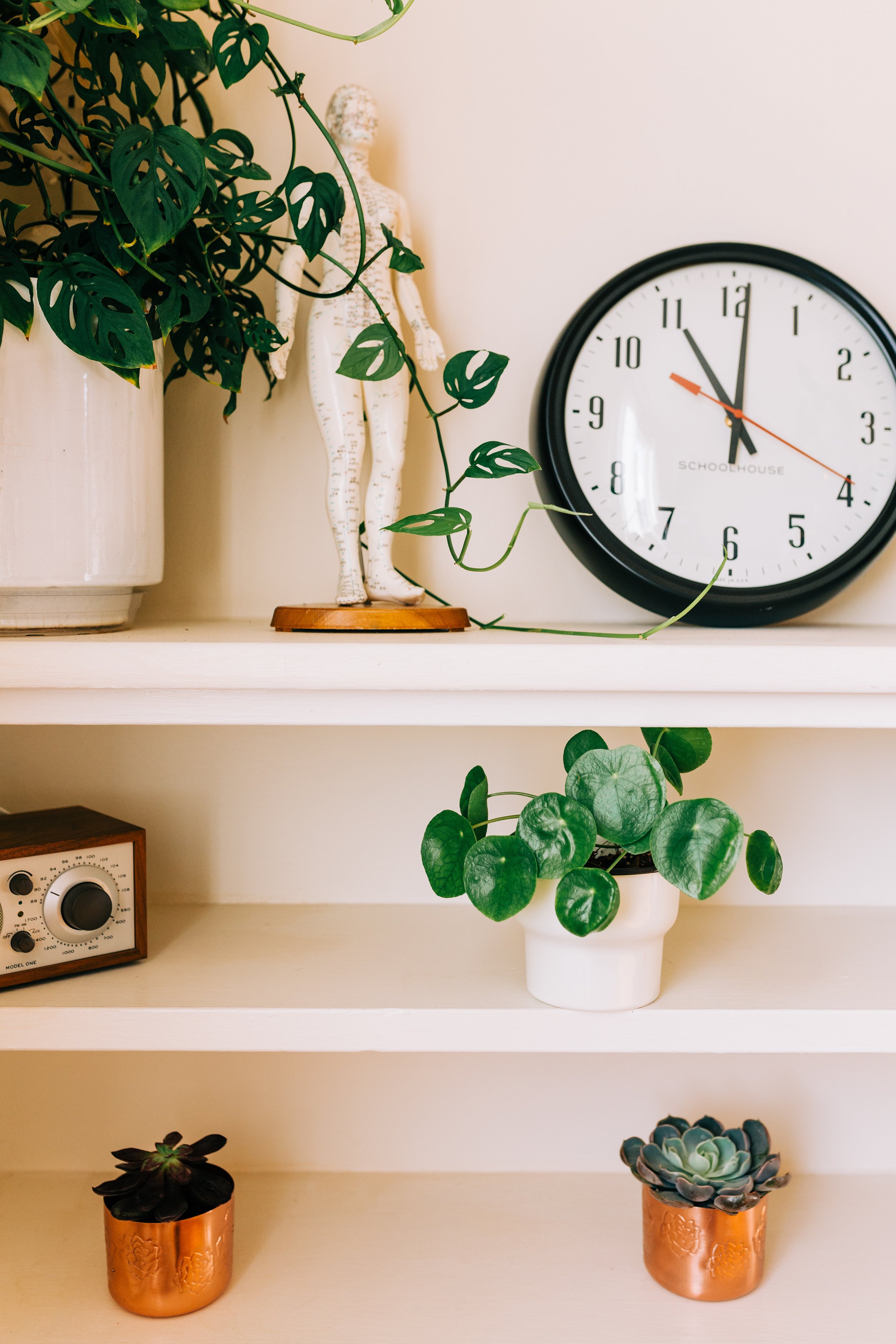 Shelves with a wall clock, potted plants, a vintage radio, and a figurine.
