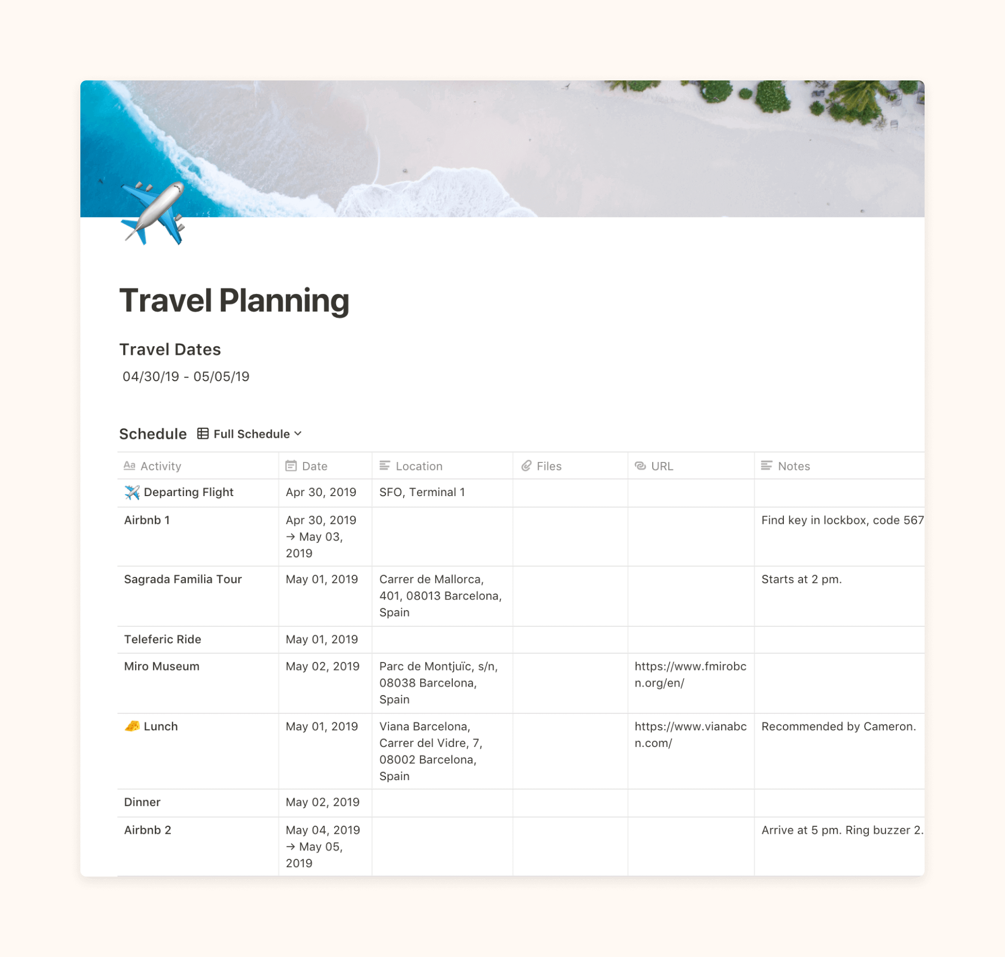 trip itinerary notion template