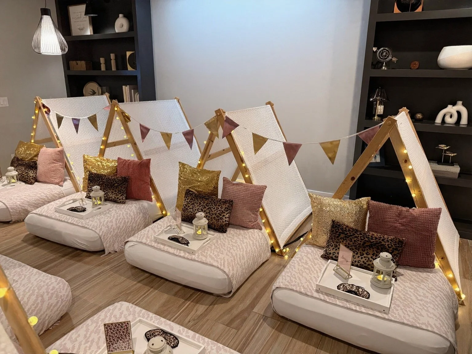 Chic safari slumber party theme with pink bows, cheetah, leopard accents, and curated picnic craft table add-on in Arizona
