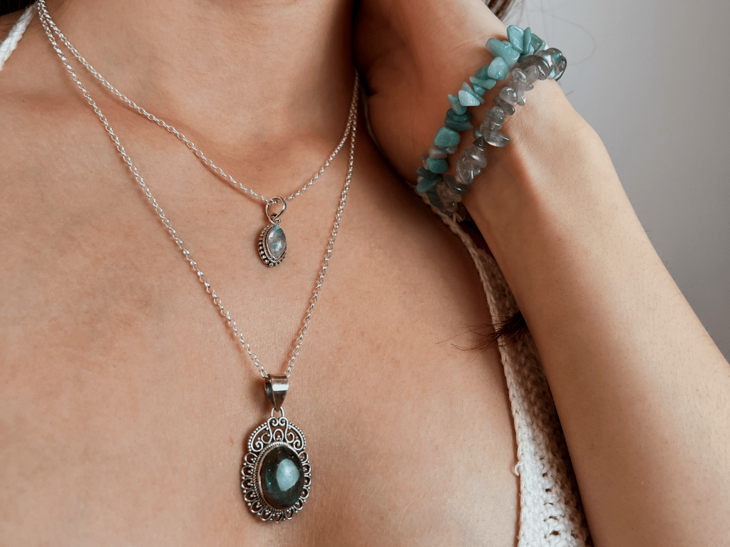 Moonstone Necklace layered with Labradorite Pendant with 2 Crystal chip bracelets amazonite and labradorite