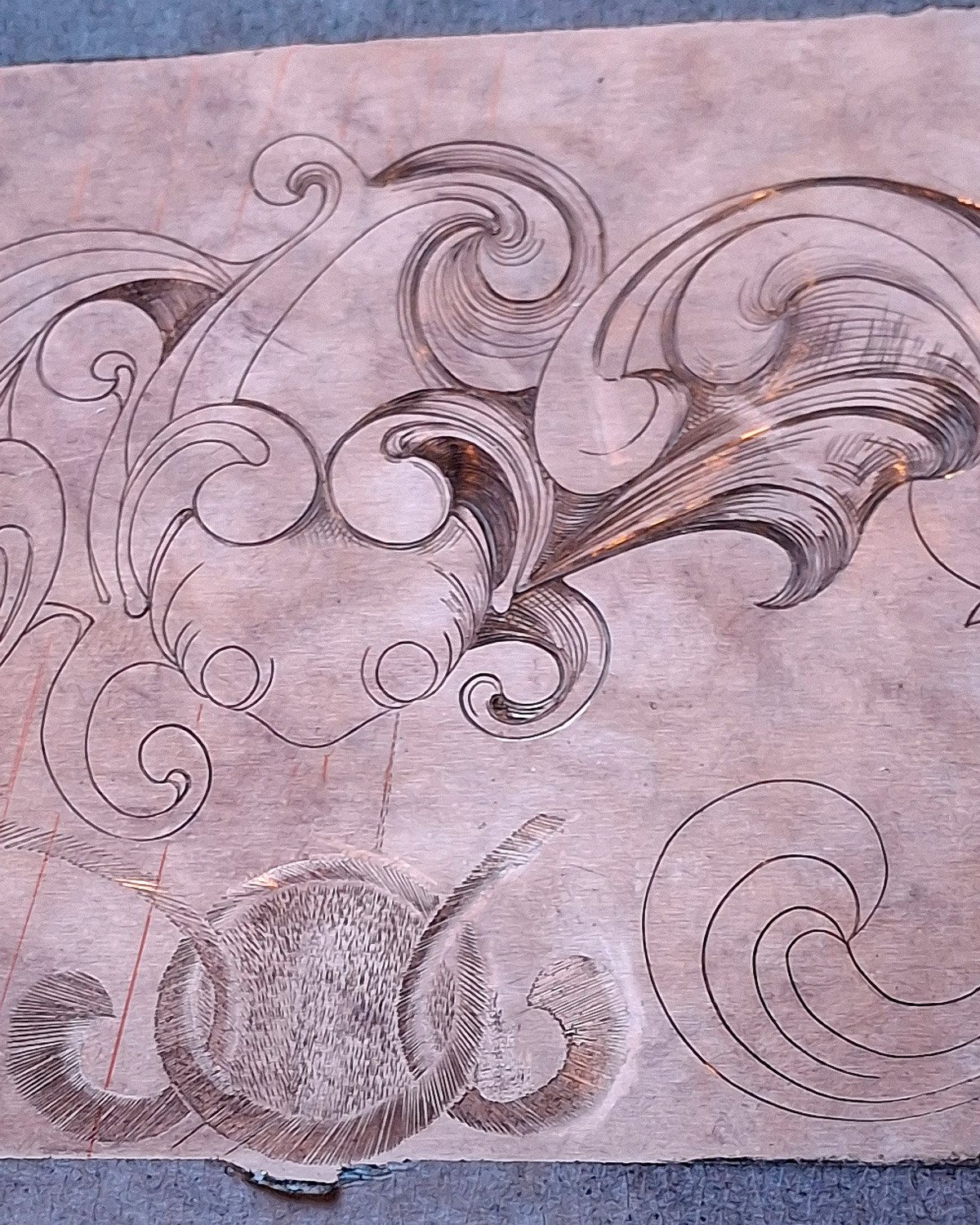 For my most recent engraved piece (well, the copper practise plate) I used a different method for transferring the design than usual, opting for carbon paper over the usual plasticene tracing.
On such a large plate, the carbon deposit was much more d