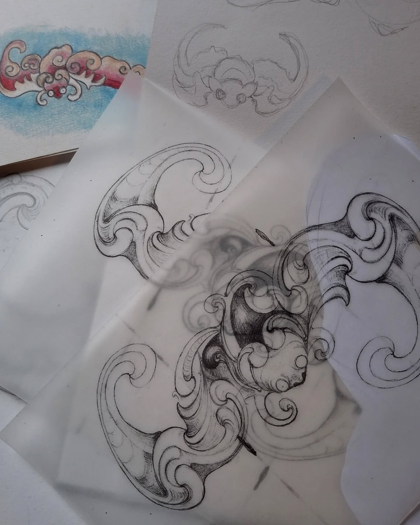 Here is some of the design work and inspiration behind my bat engraving. 
I've always loved bats, but after I inherited some antique Chinese textiles (my great-grandparents lived in China for almost 20 years) which featured the bat motif I have becom