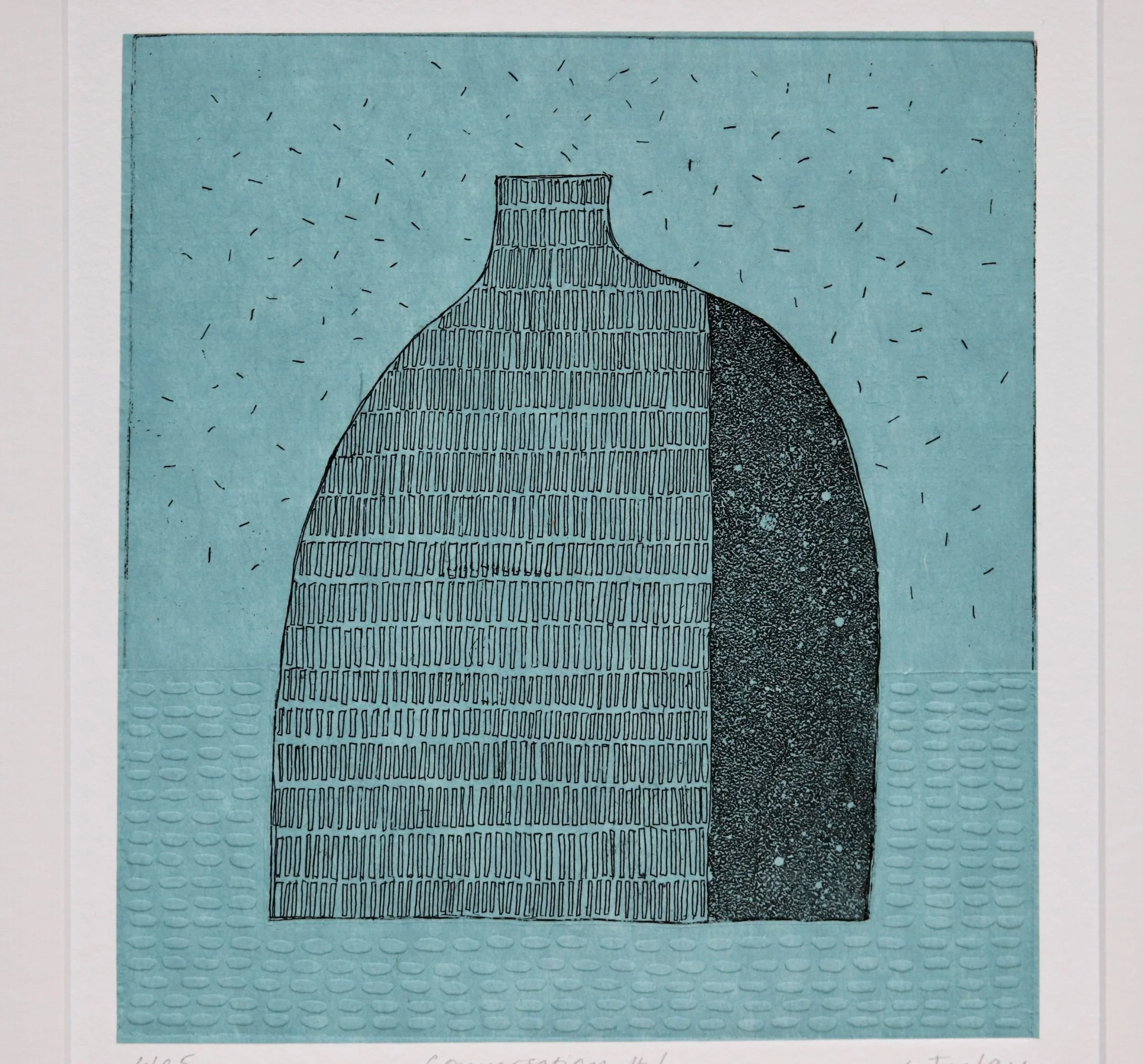 Image of a bottle shape in predominantly blue with black fleck marks in the background and black lines on the bottle and a solid textured black shape.  There are also 17 lines of small embossed rectangular marks at the bottom.