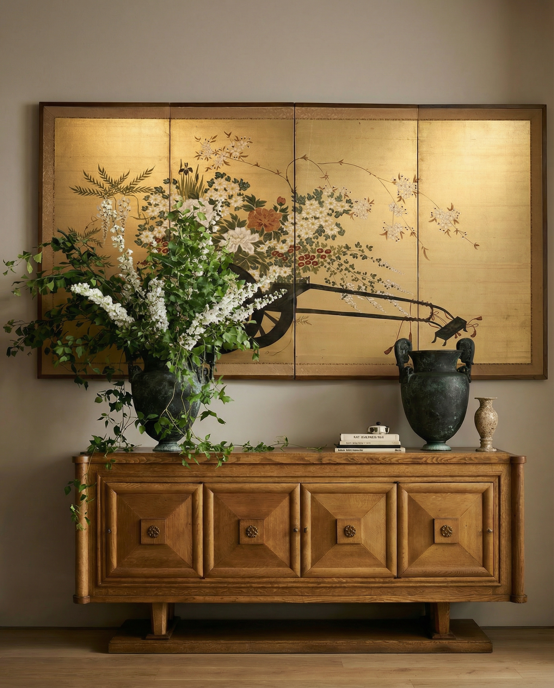 Generated with Kive.ai - Take the image and increase the scale of the credenza so that it is slightly longer than the above it. keep the same lighting and decorative objects that are shown in the image.png