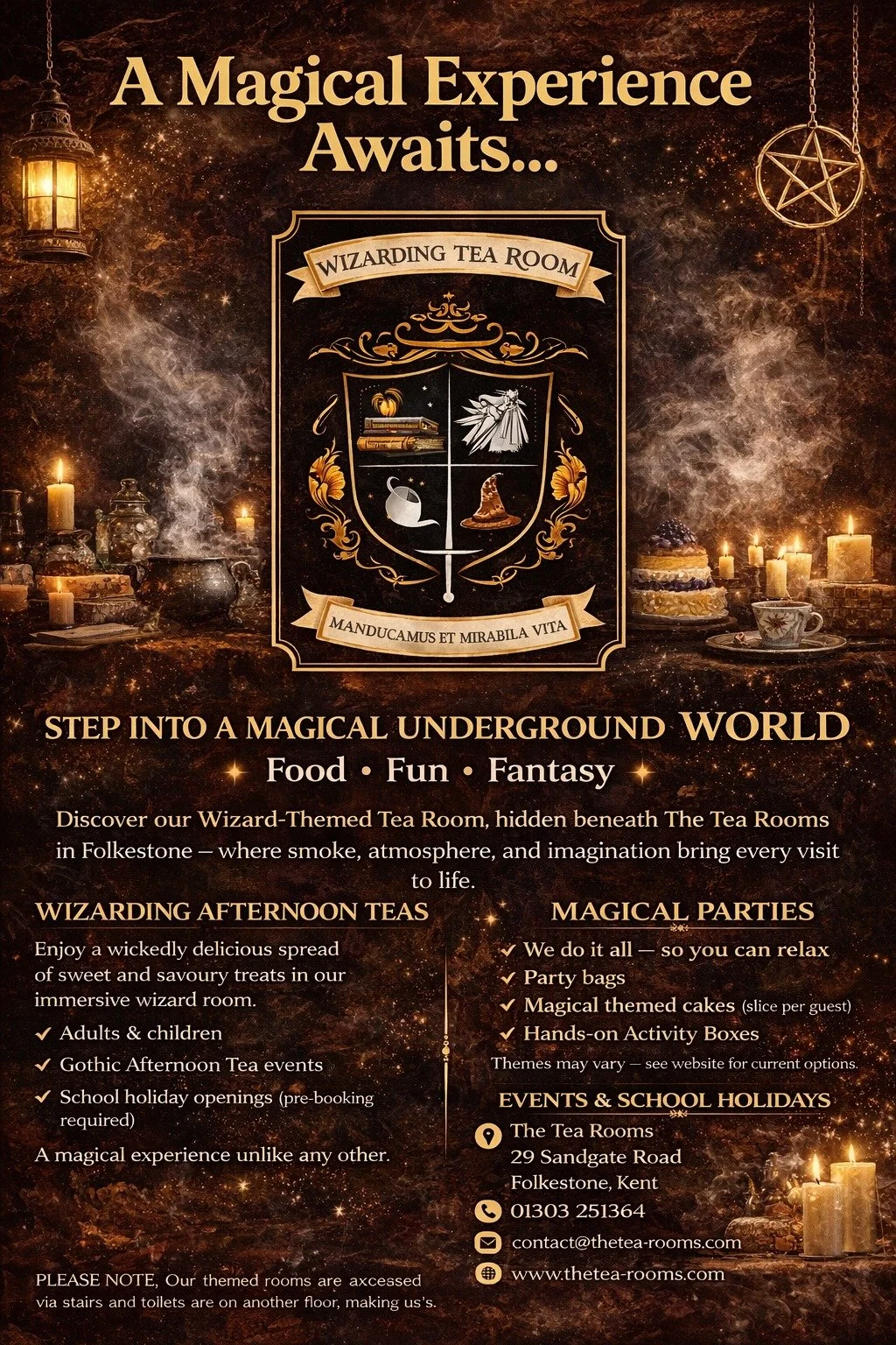 Step into a magical underground world in our Wizarding Tea Room ✨🧙&zwj;♂️

Hidden beneath The Tea Rooms, this immersive space is perfect for wizard-themed afternoon teas, parties, and school holiday events &mdash; full of atmosphere, imagination and