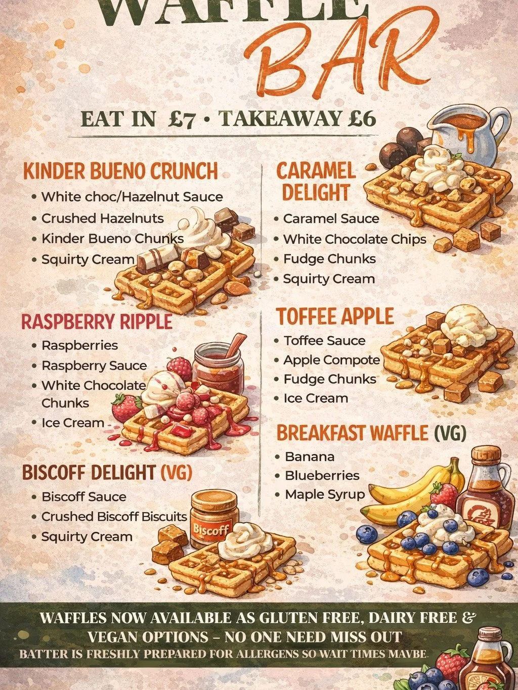 Our Waffle Bar is everything you&rsquo;d expect &ndash; warm waffles, indulgent toppings, and the perfect treat for any occasion.

Think:
✨ Kinder Bueno
✨ Caramel Delight
✨ Raspberry Ripple
✨Toffee Apple

Perfect for:
&bull; Afternoon treats or
&bull