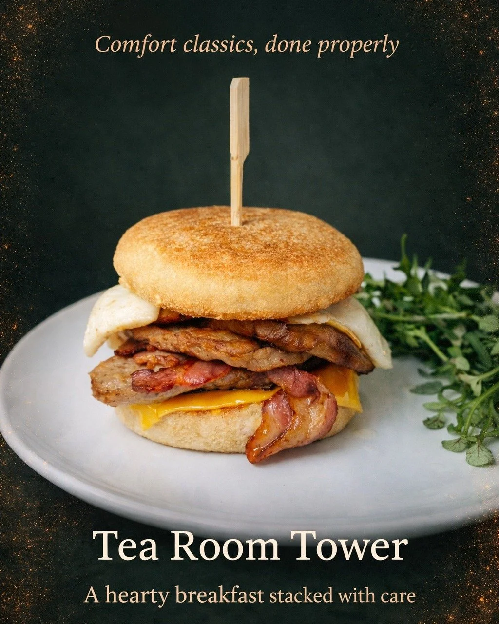 Comfort classics, done properly.

Our Breakfast Tower is stacked with everything you actually want in the morning &mdash; crispy bacon, sausage, melted cheese, a perfectly cooked egg, all layered into a proper hearty stack.

No frills.
No fuss.
Just 