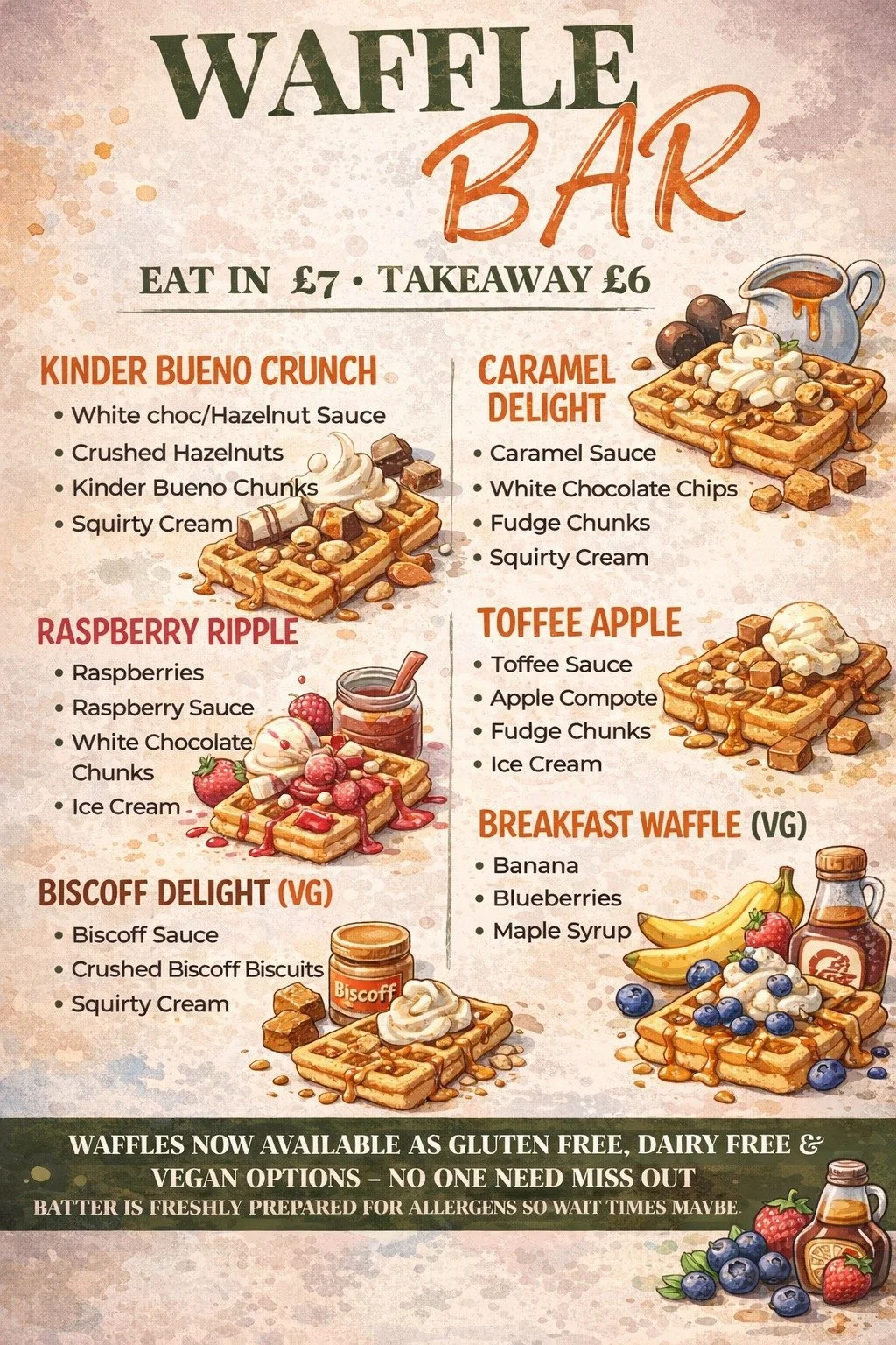 Our Waffle Bar is everything you&rsquo;d expect &ndash; warm waffles, indulgent toppings, and the perfect treat for any occasion.

Think:
✨ Kinder Bueno
✨ Caramel Delight
✨ Raspberry Ripple
✨Toffee Apple

Perfect for:
&bull; Afternoon treats or
&bull