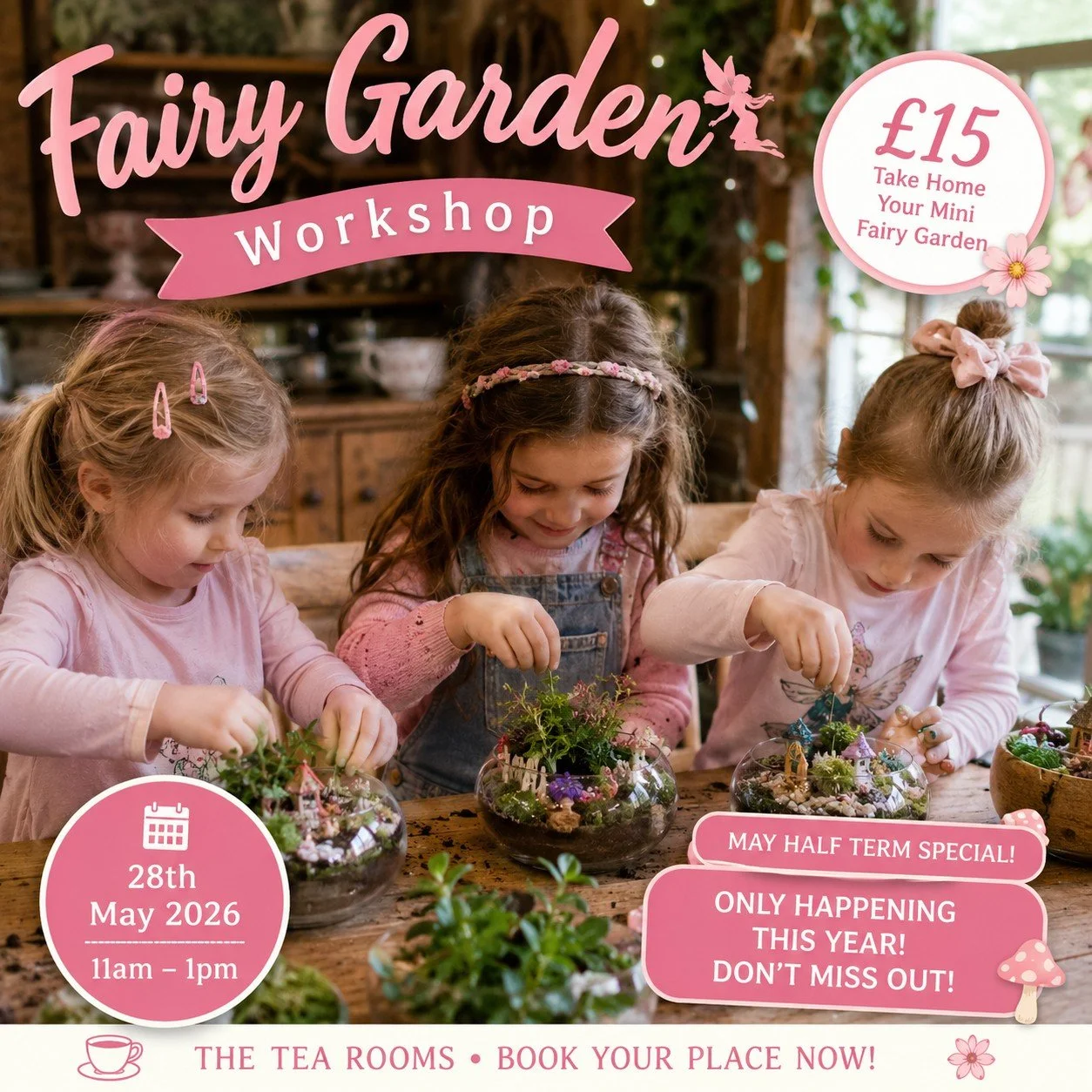 ONE HOUR TO GO.............

LAST DAY TO BOOK, CLOSES @ 9PM

✨ MAY HALF TERM MAGIC IS COMING ✨

Let your little ones create their very own enchanted world this half term 🌸🧚

Join us for our Fairy Garden Class where children will build and decorate 