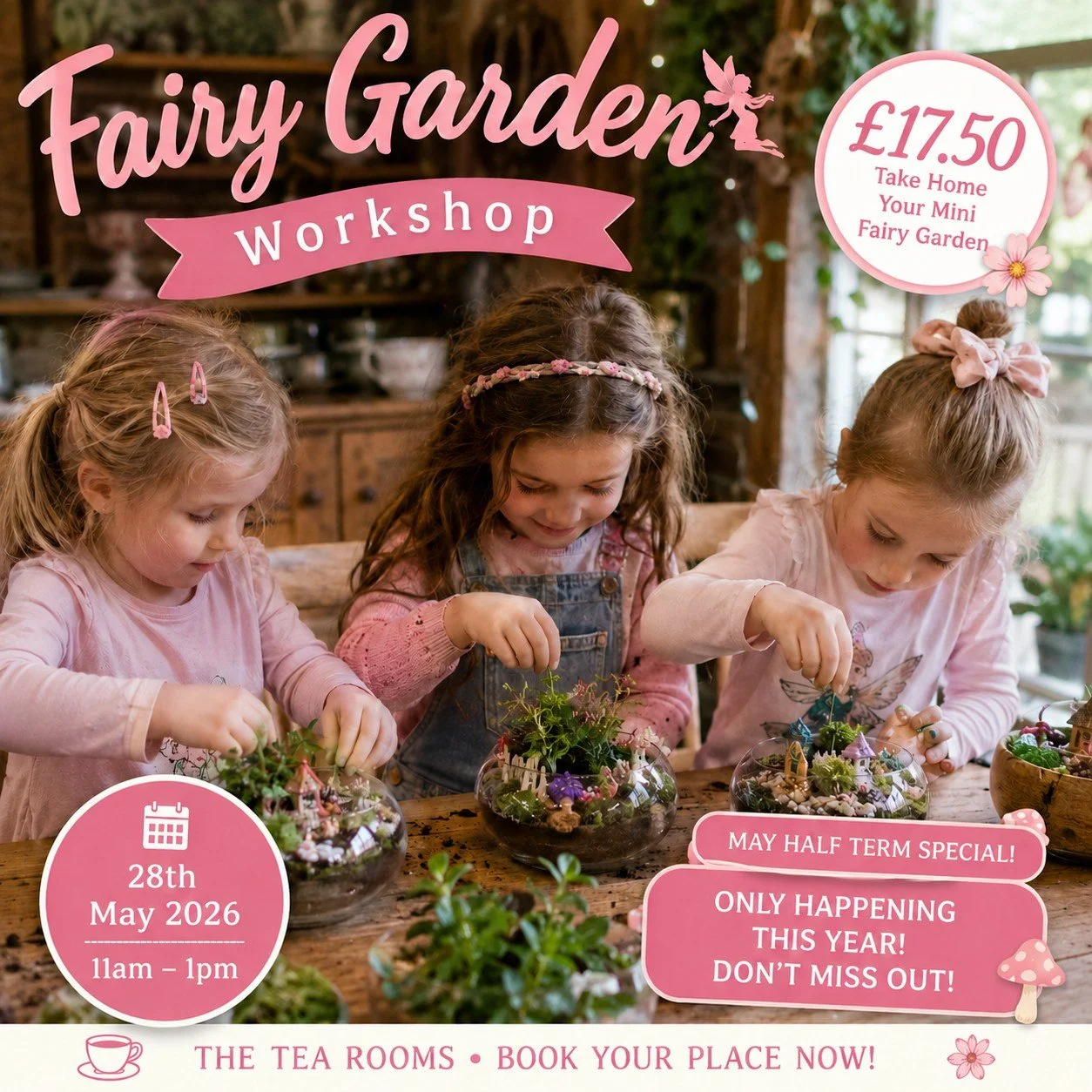 ✨ MAY HALF TERM MAGIC IS COMING ✨

Let your little ones create their very own enchanted world this half term 🌸🧚

Join us for our Fairy Garden Class where children will build and decorate their own mini fairy garden to take home and keep.

📅 Thursd