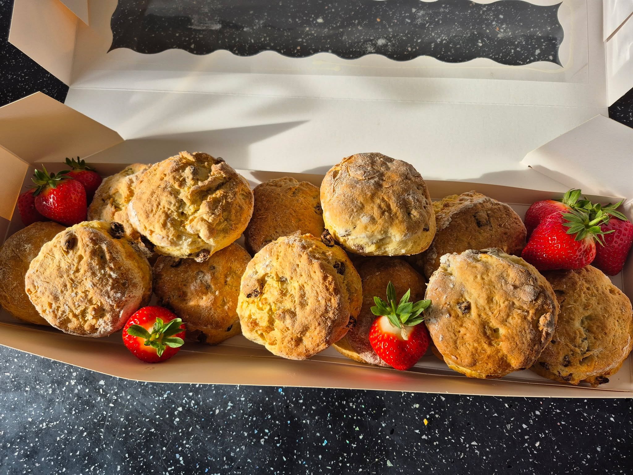 TAKE HOME SCONE BOX

🍓 Fancy afternoon tea at home?

Take home a box of our homemade fruit scones and enjoy a little Tea Rooms magic from the comfort of your sofa.

Freshly baked, packed and ready to enjoy with jam and cream.

💬 Jam first or cream 