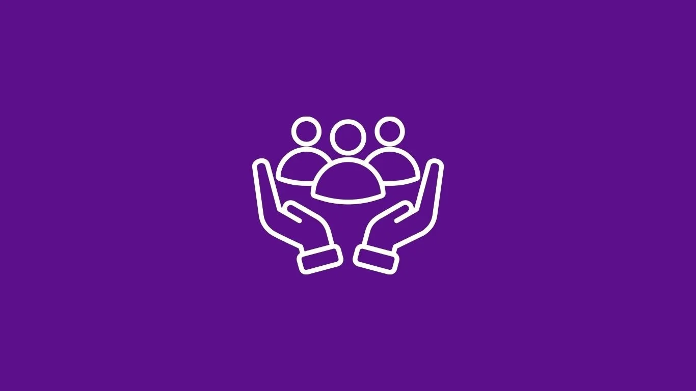 Icon of two hands holding a group of three people on a purple background.