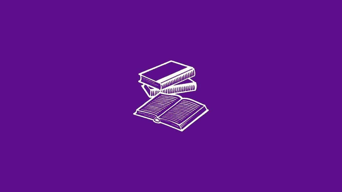 Line drawing of three books, one open and two stacked, on a purple background.