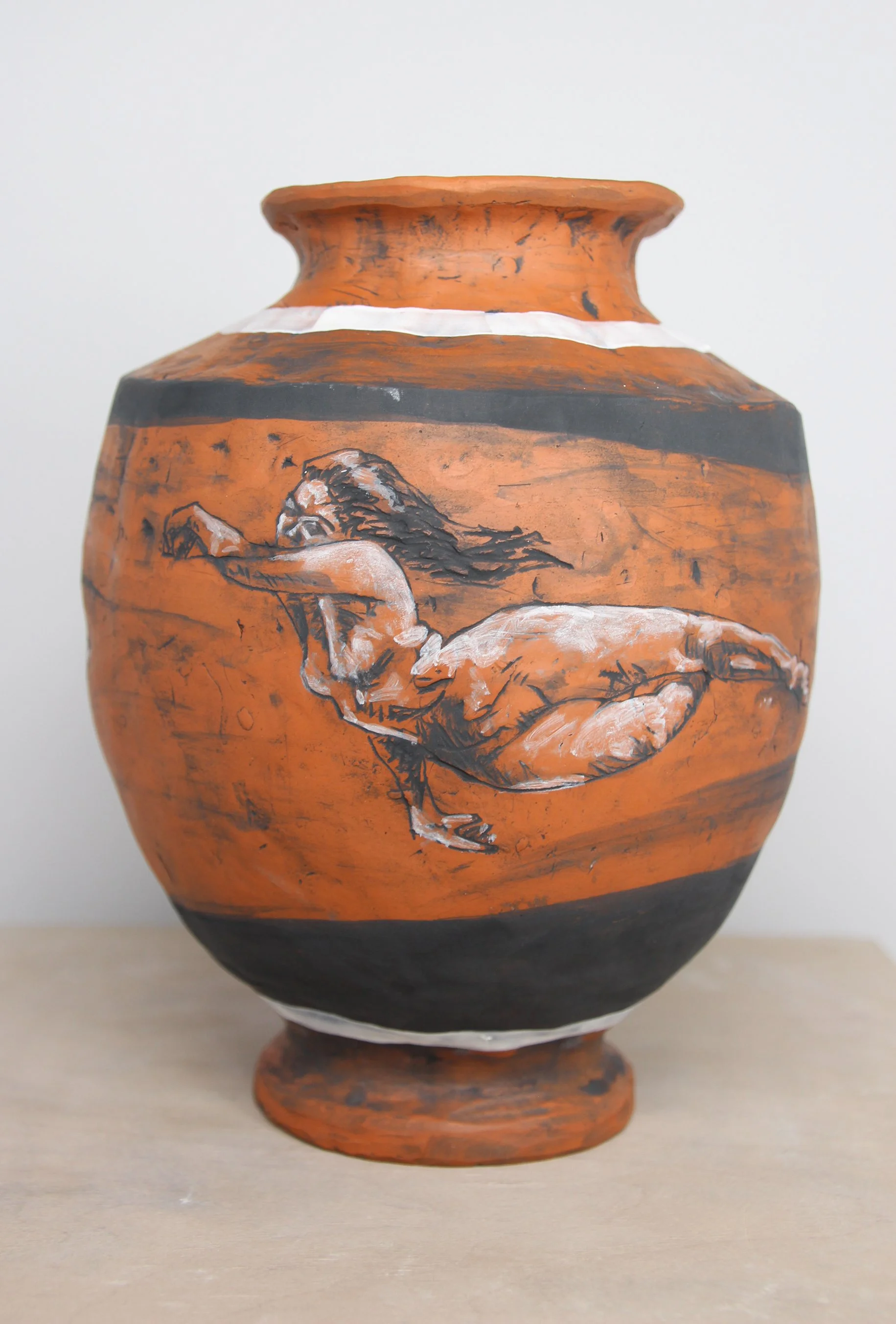  Furies  
Adam Bradley, Virginia, 2021, Low fire red clay with incised drawing and underglazes, 10 in x 8 in x 8in, 
$650