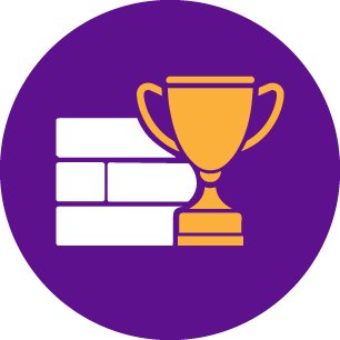 Icon with a purple circular background featuring a white brick wall and a gold trophy.