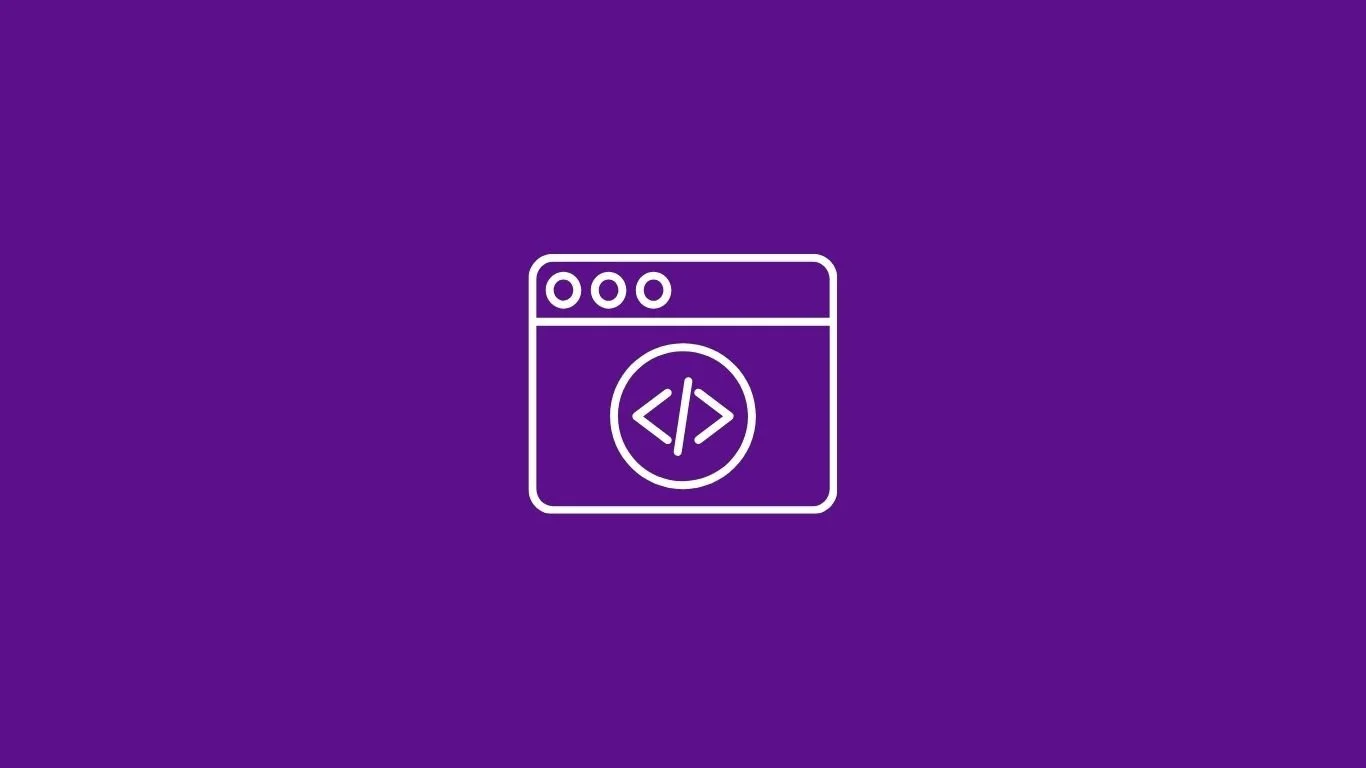 Icon of a web browser window with a coding symbol in the center, on a purple background.