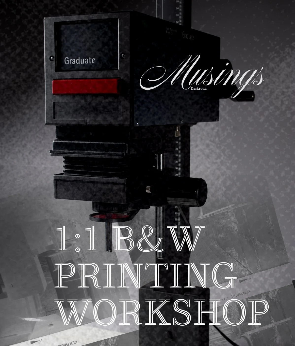 The workshop title over a photo of an enlarger under a darkroom's red light.