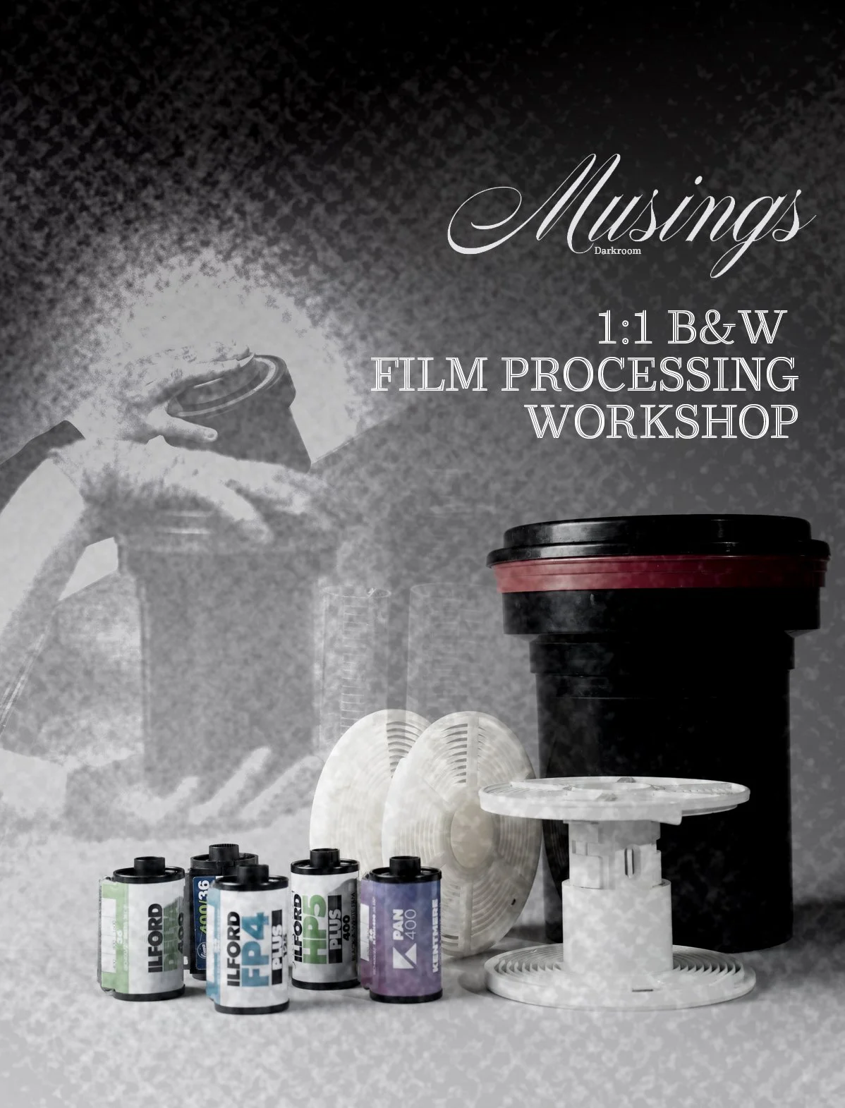 The title of workshop over a black-and-white photo of darkroom tools.