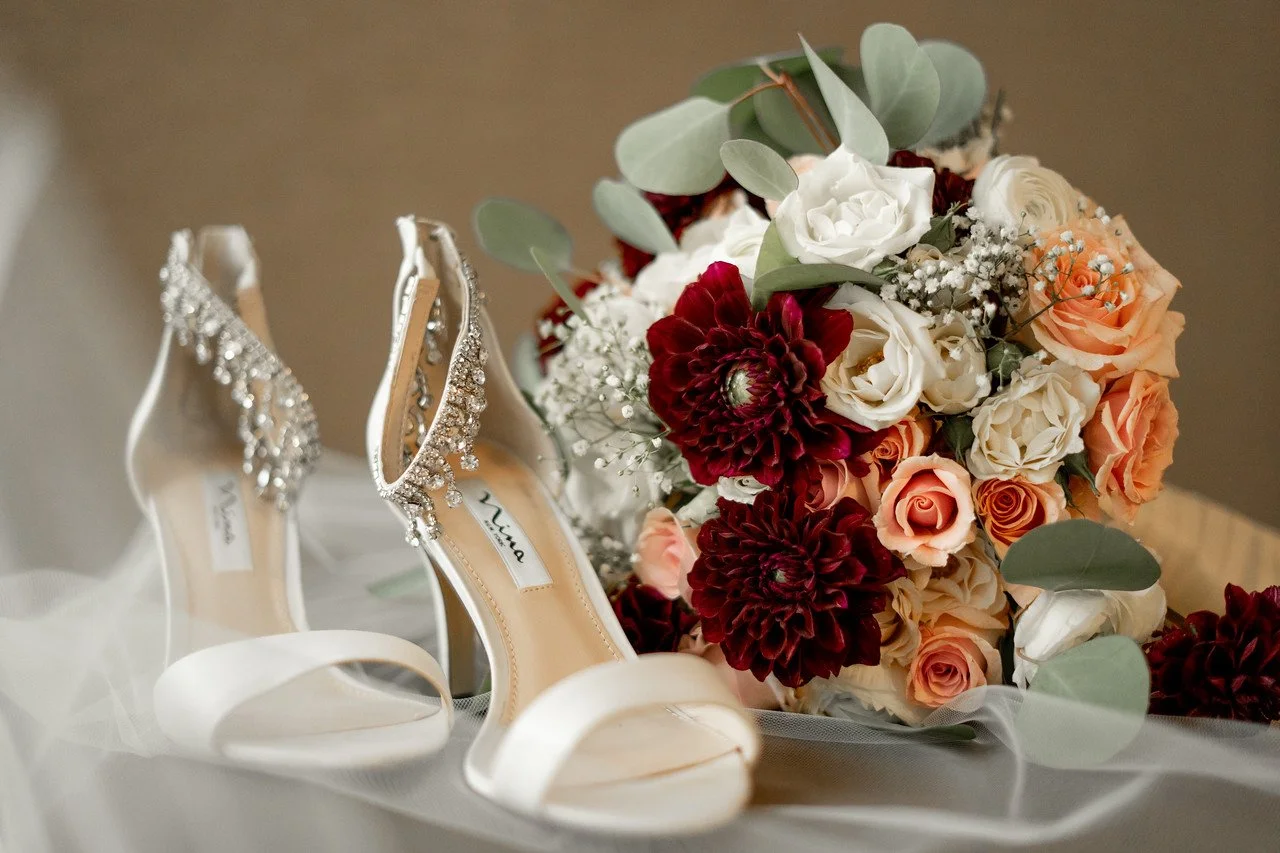wedding shoes and bouquet